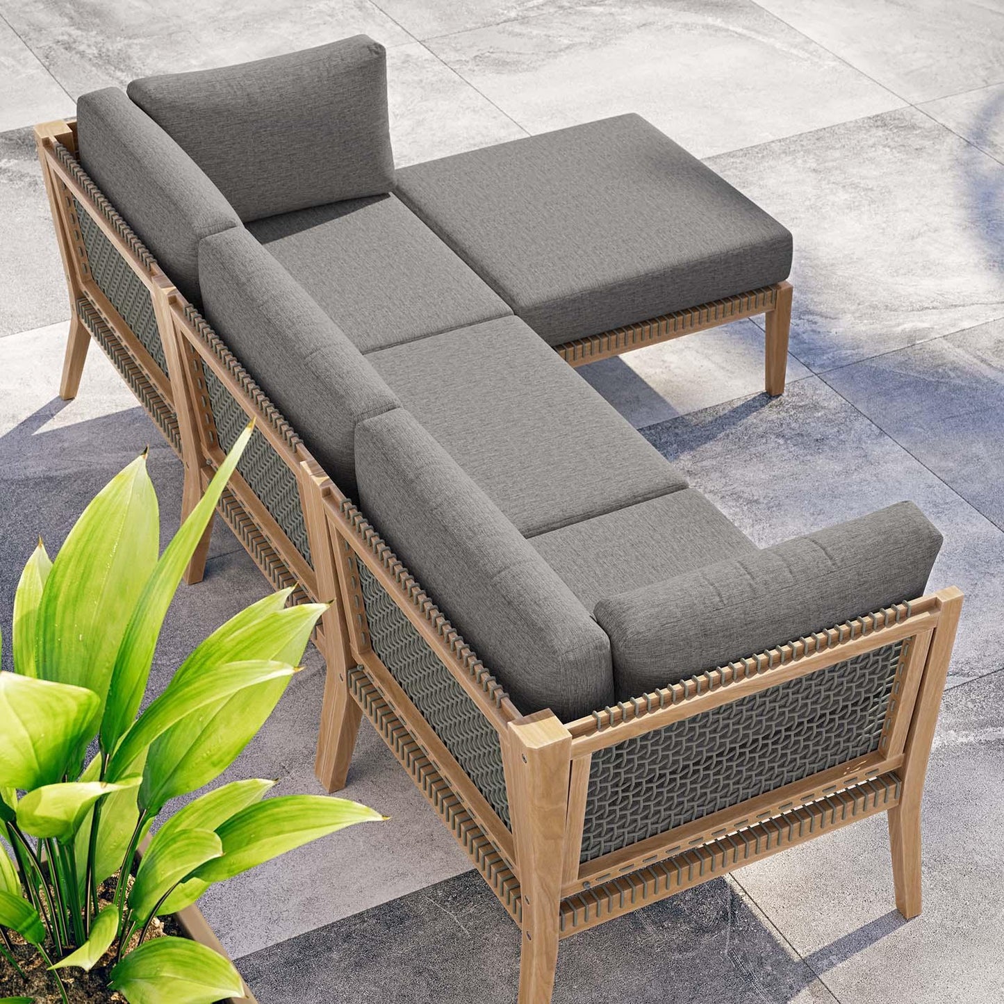 Modway Clearwater Outdoor Patio Teak Wood 4-Piece Sectional Sofa FredCo