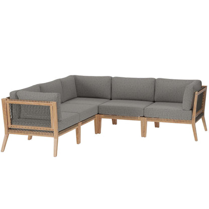 Modway Clearwater Outdoor Patio Teak Wood 5-Piece Sectional Sofa FredCo