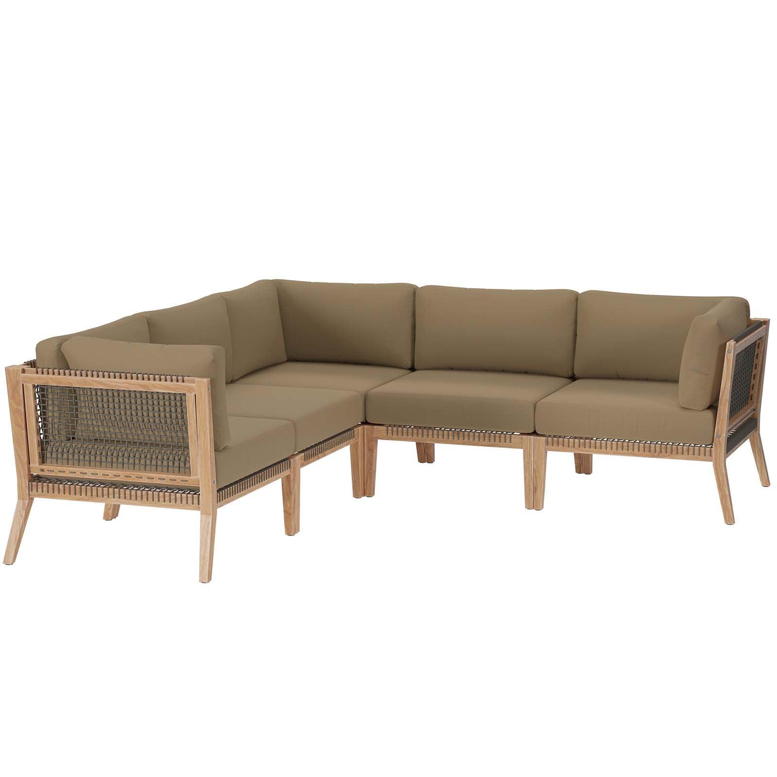 Modway Clearwater Outdoor Patio Teak Wood 5-Piece Sectional Sofa FredCo