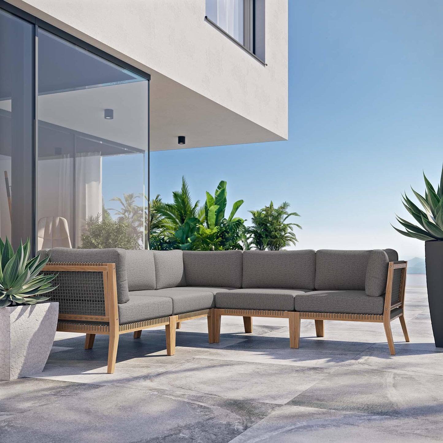 Modway Clearwater Outdoor Patio Teak Wood 5-Piece Sectional Sofa FredCo
