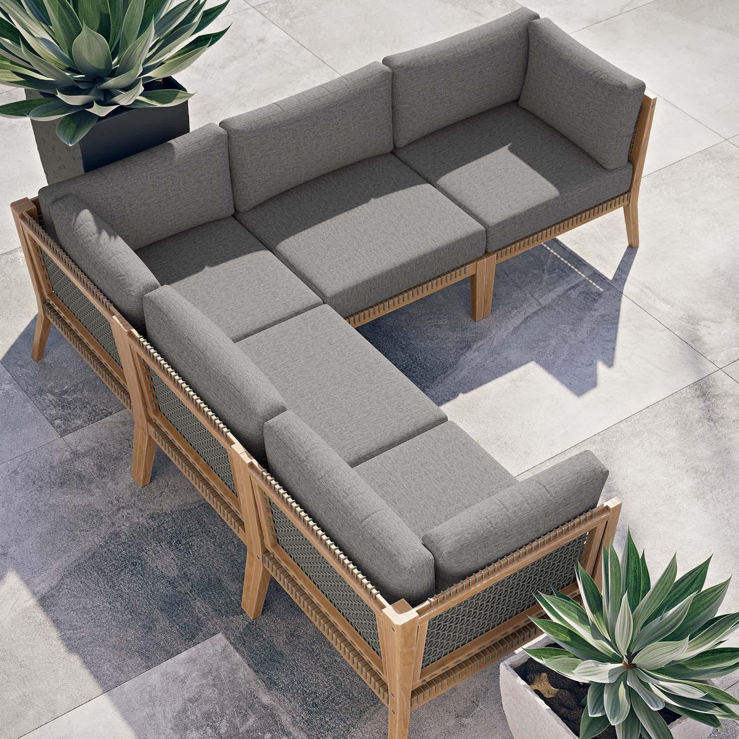 Modway Clearwater Outdoor Patio Teak Wood 5-Piece Sectional Sofa FredCo