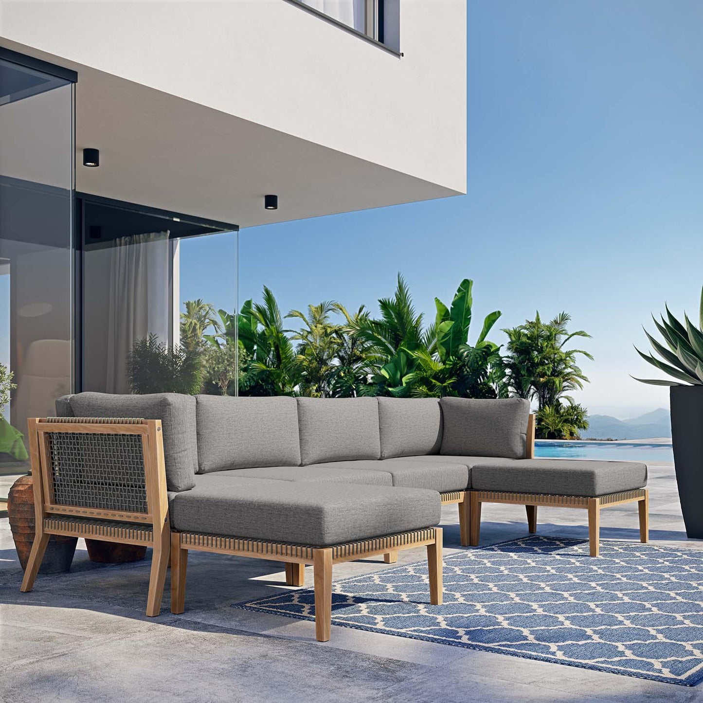 Modway Clearwater Outdoor Patio Teak Wood 6-Piece Sectional Sofa FredCo