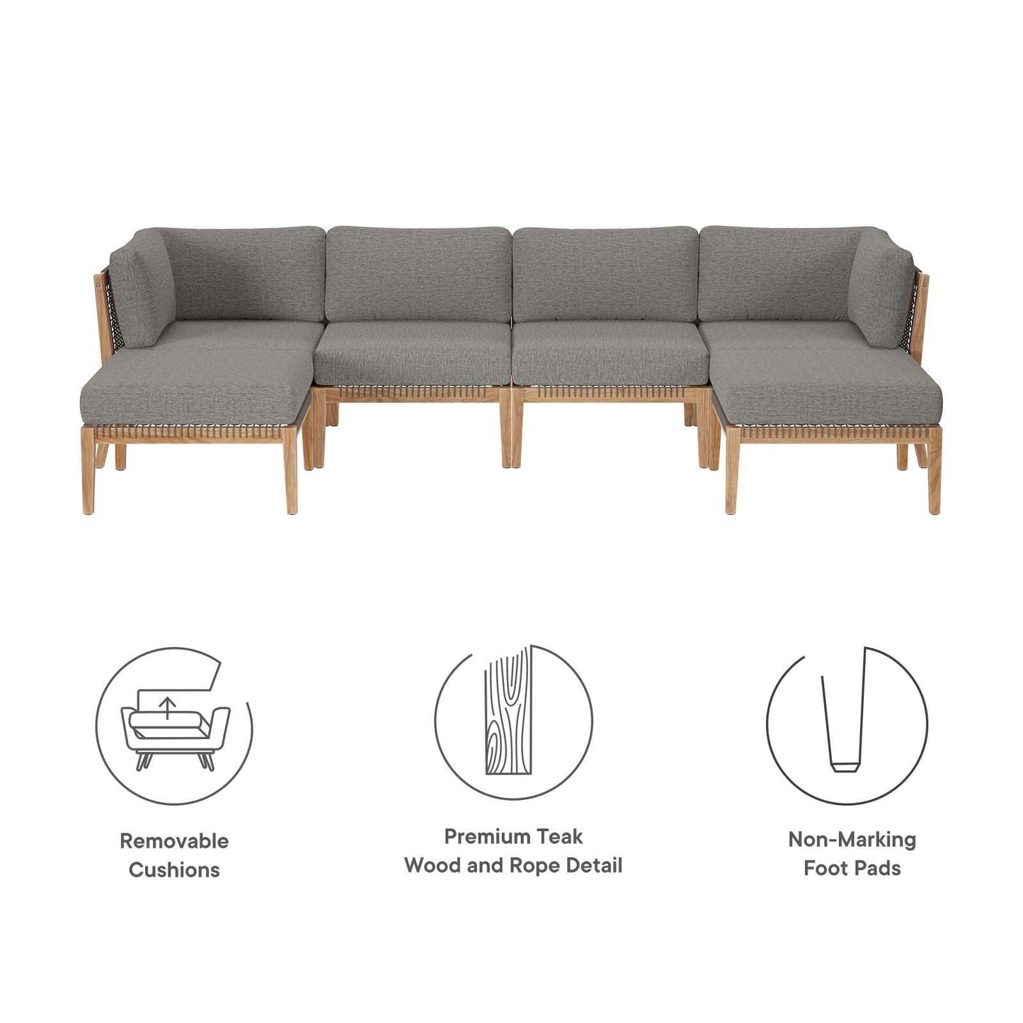 Modway Clearwater Outdoor Patio Teak Wood 6-Piece Sectional Sofa FredCo