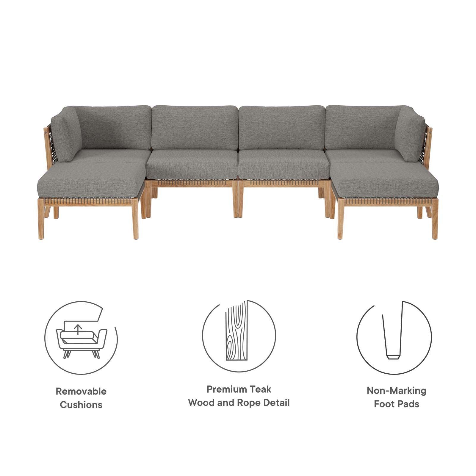 Modway Clearwater Outdoor Patio Teak Wood 6-Piece Sectional Sofa FredCo