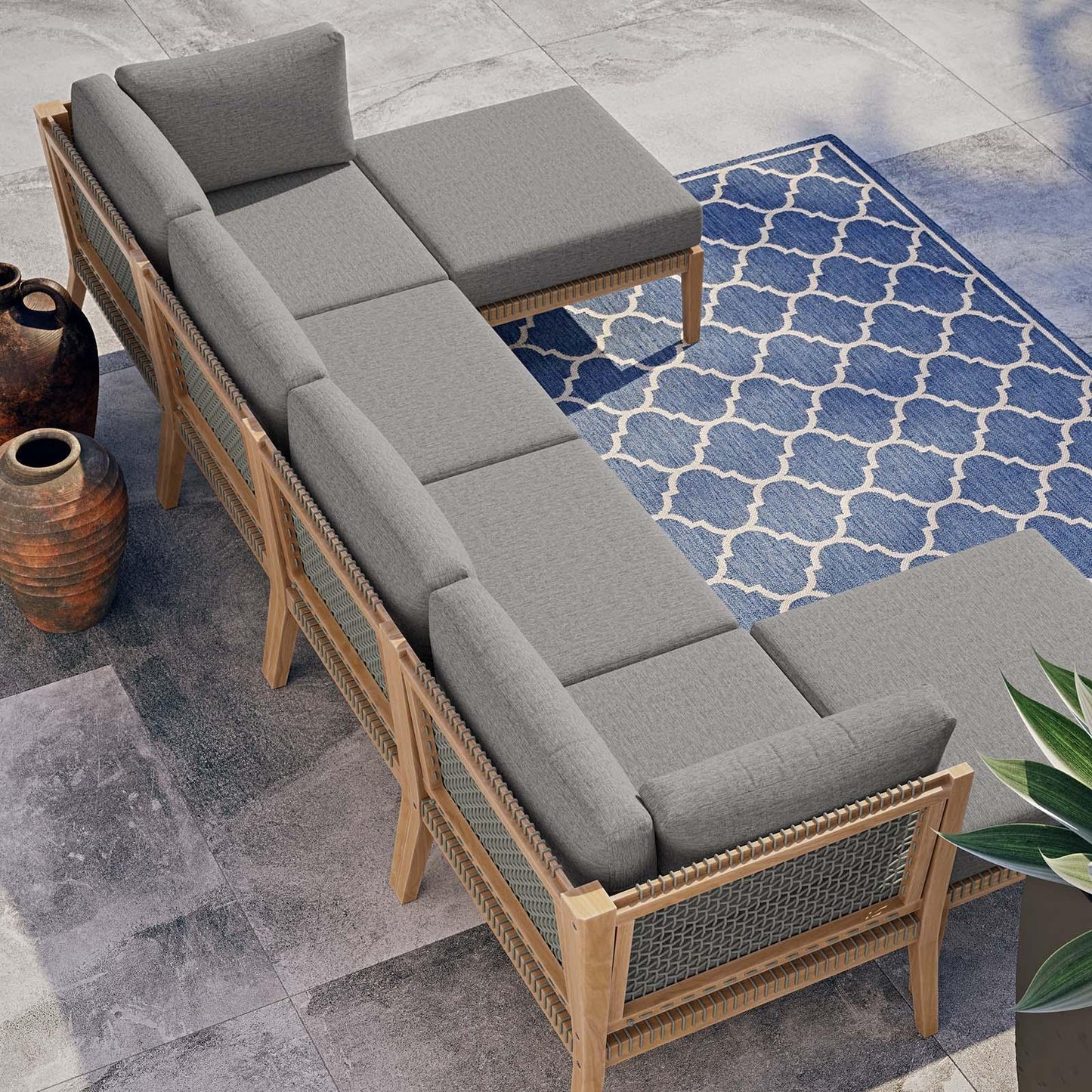 Modway Clearwater Outdoor Patio Teak Wood 6-Piece Sectional Sofa FredCo