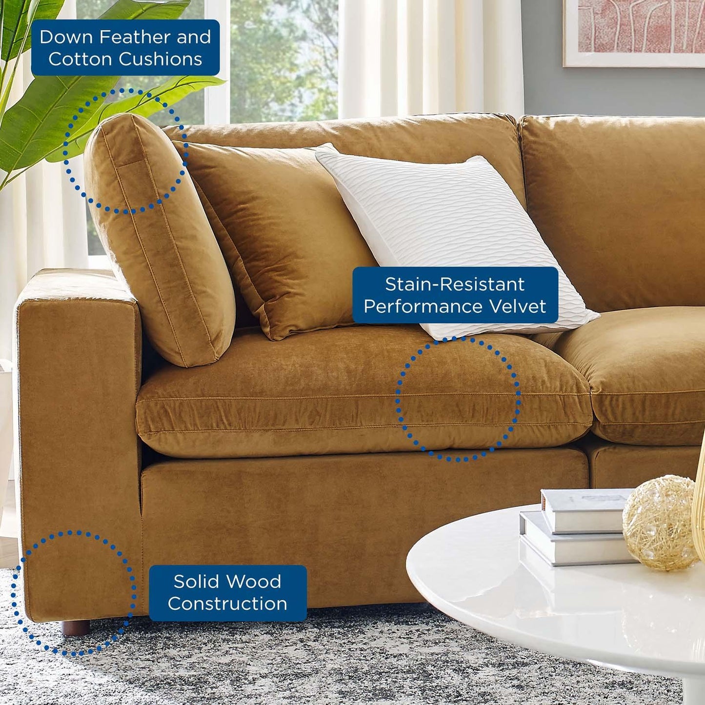 Modway Commix Down Filled Overstuffed Performance Velvet 4-Piece Sectional Sofa FredCo