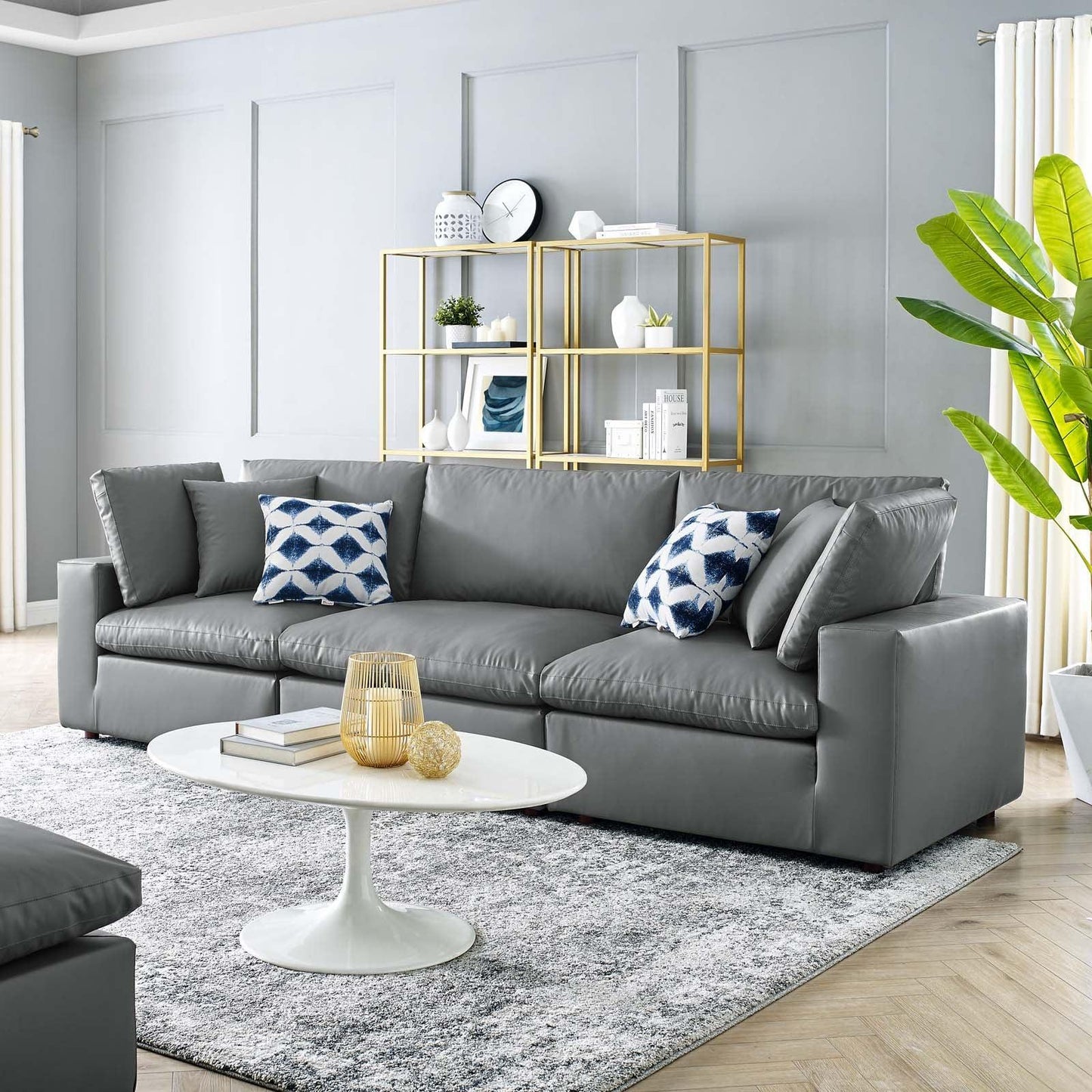 Modway Commix Down Filled Overstuffed Vegan Leather 3-Seater Sofa FredCo