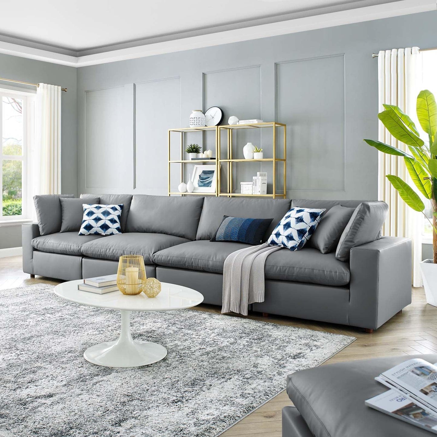 Modway Commix Down Filled Overstuffed Vegan Leather 4-Seater Sofa FredCo