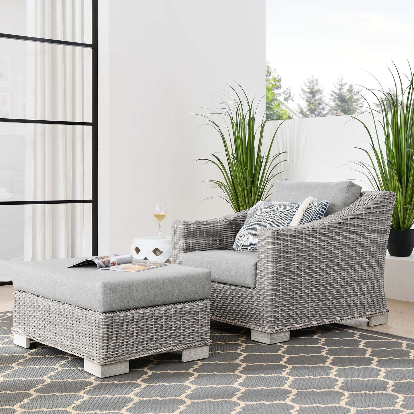 Modway Conway Outdoor Patio Wicker Rattan 2-Piece Armchair and Ottoman Set FredCo