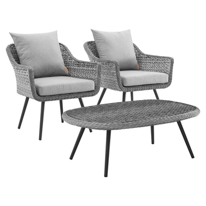 Modway Endeavor 3 Piece Outdoor Patio Wicker Rattan Armchair and Coffee Table Set FredCo