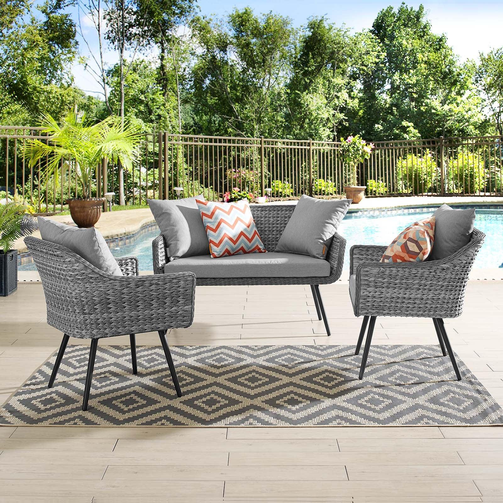 Modway Endeavor 3 Piece Outdoor Patio Wicker Rattan Loveseat and Armchair Set FredCo