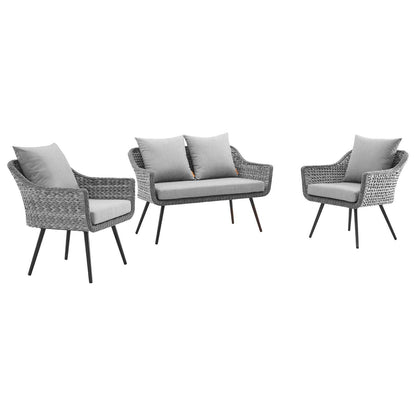 Modway Endeavor 3 Piece Outdoor Patio Wicker Rattan Loveseat and Armchair Set FredCo
