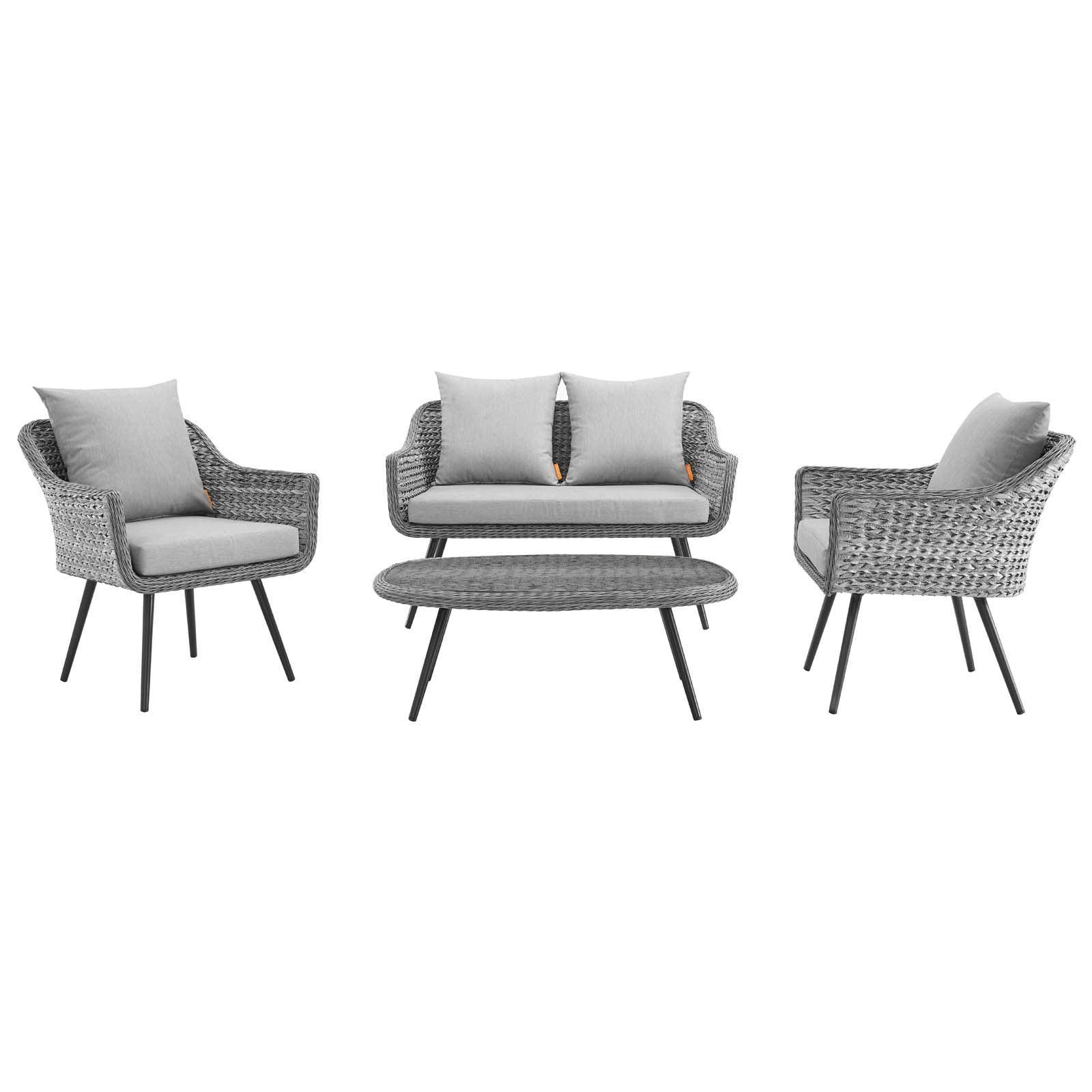 Modway Endeavor 4 Piece Outdoor Patio Wicker Rattan Loveseat Armchair and Coffee Table Set FredCo