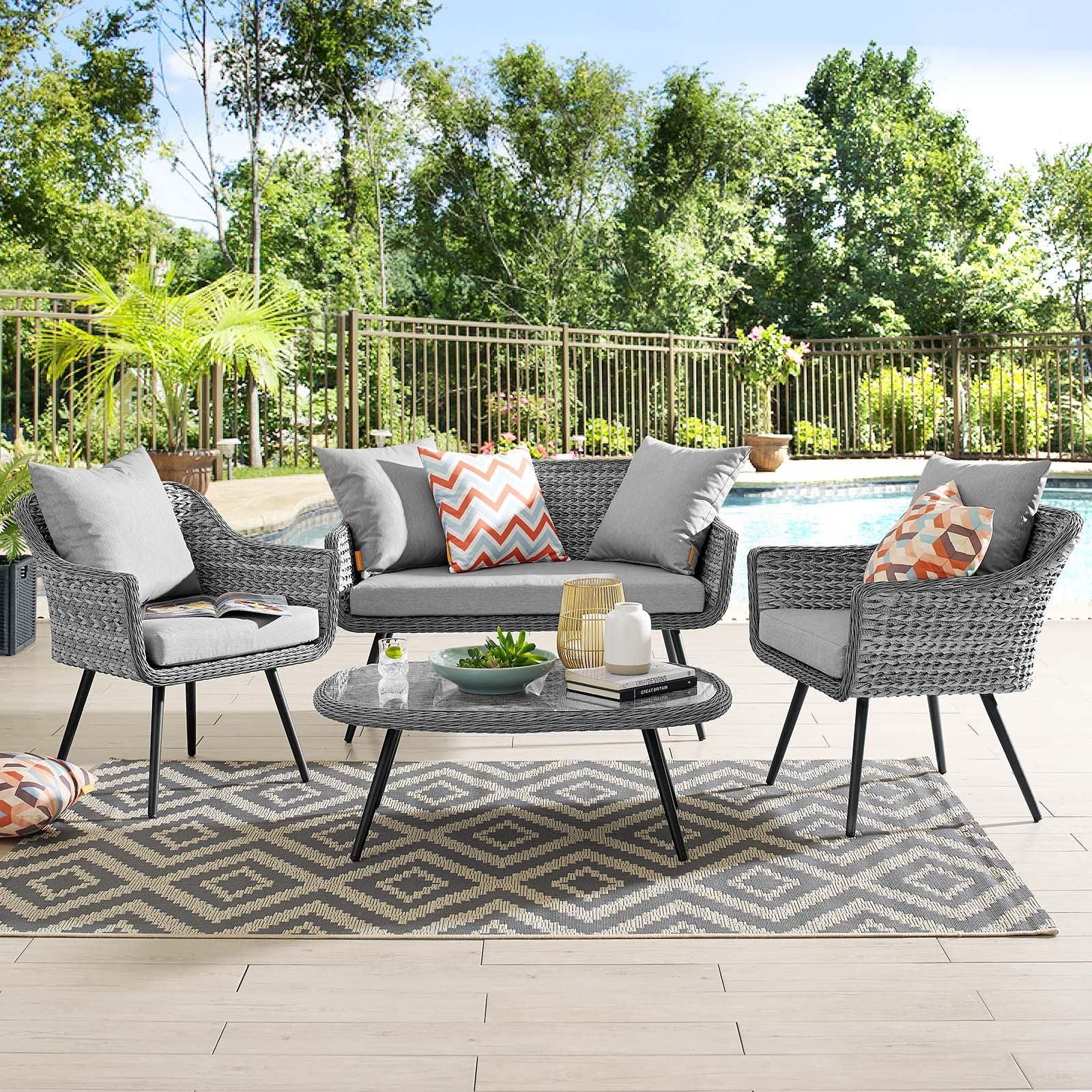 Modway Endeavor 4 Piece Outdoor Patio Wicker Rattan Loveseat Armchair and Coffee Table Set FredCo