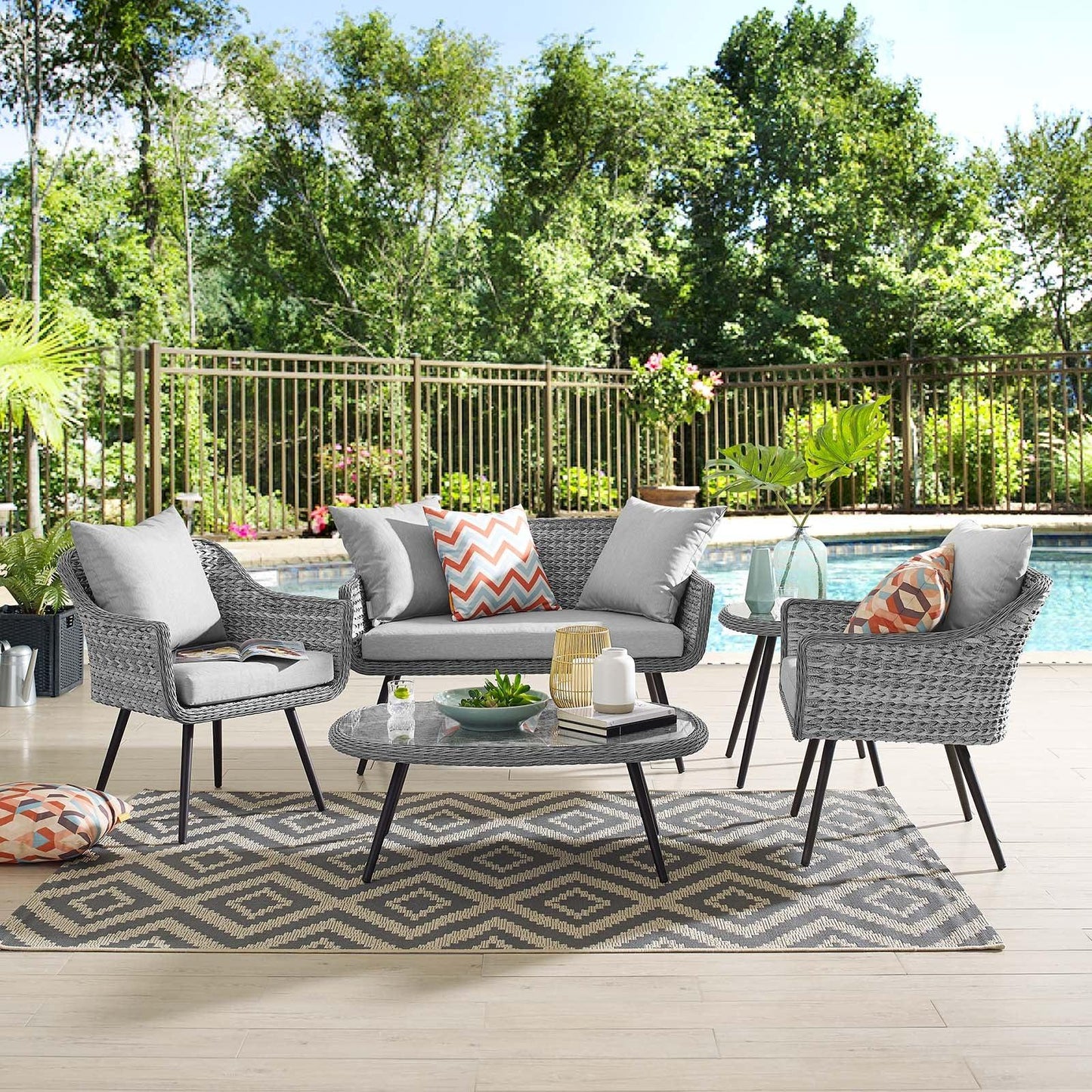 Modway Endeavor 5 Piece Outdoor Patio Wicker Rattan Loveseat Armchair Coffee + Side Table Set FredCo