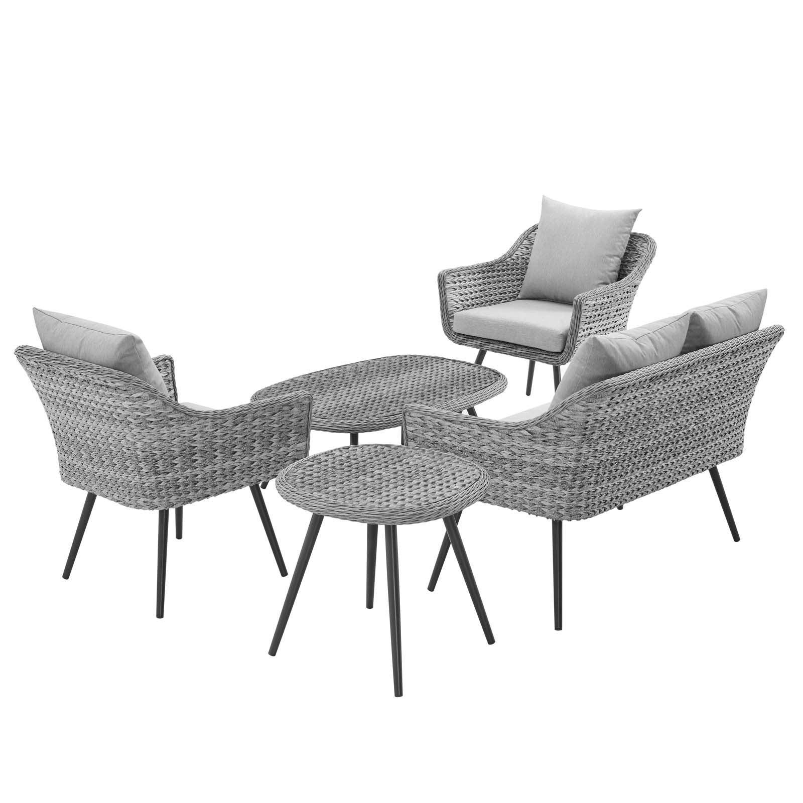 Modway Endeavor 5 Piece Outdoor Patio Wicker Rattan Loveseat Armchair Coffee + Side Table Set FredCo
