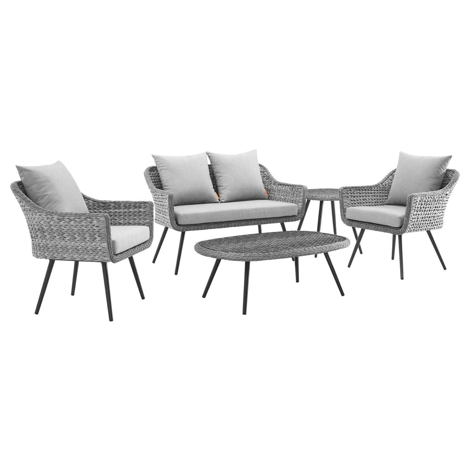 Modway Endeavor 5 Piece Outdoor Patio Wicker Rattan Loveseat Armchair Coffee + Side Table Set FredCo