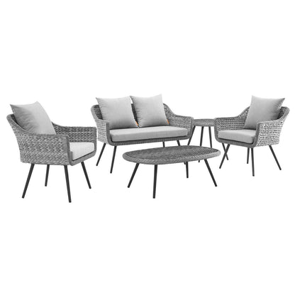 Modway Endeavor 5 Piece Outdoor Patio Wicker Rattan Loveseat Armchair Coffee + Side Table Set FredCo