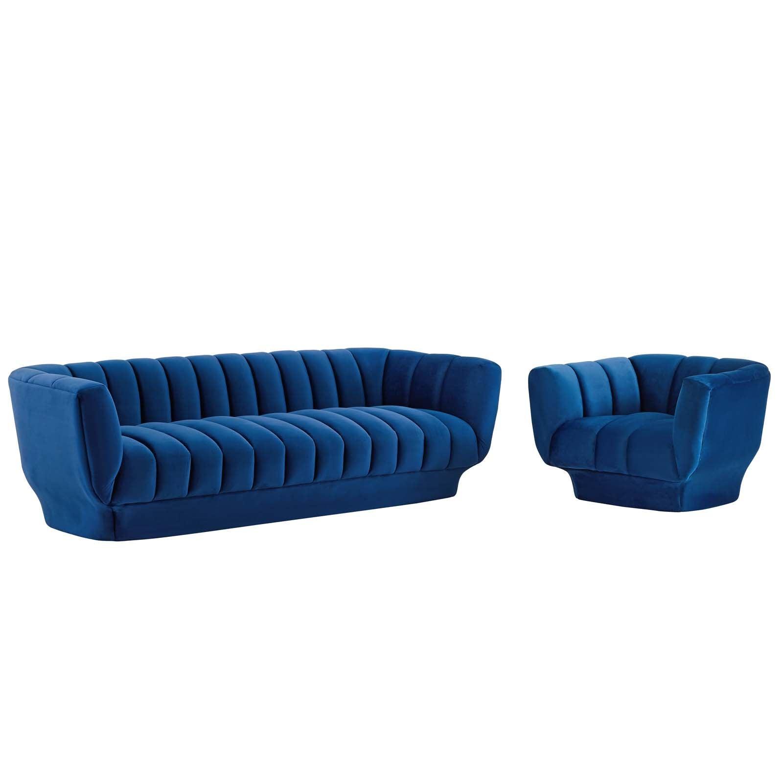 Modway Entertain Vertical Channel Tufted Performance Velvet Sofa and Armchair Set FredCo