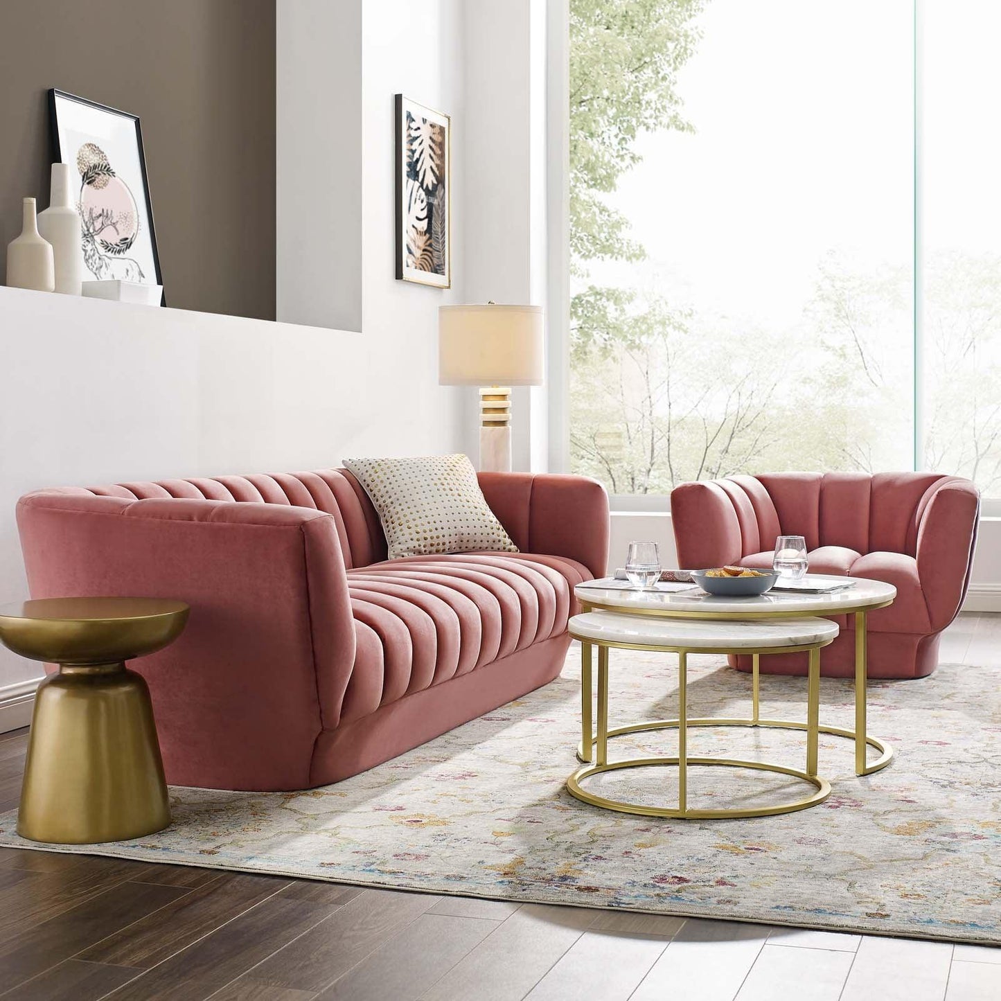 Modway Entertain Vertical Channel Tufted Performance Velvet Sofa and Armchair Set FredCo