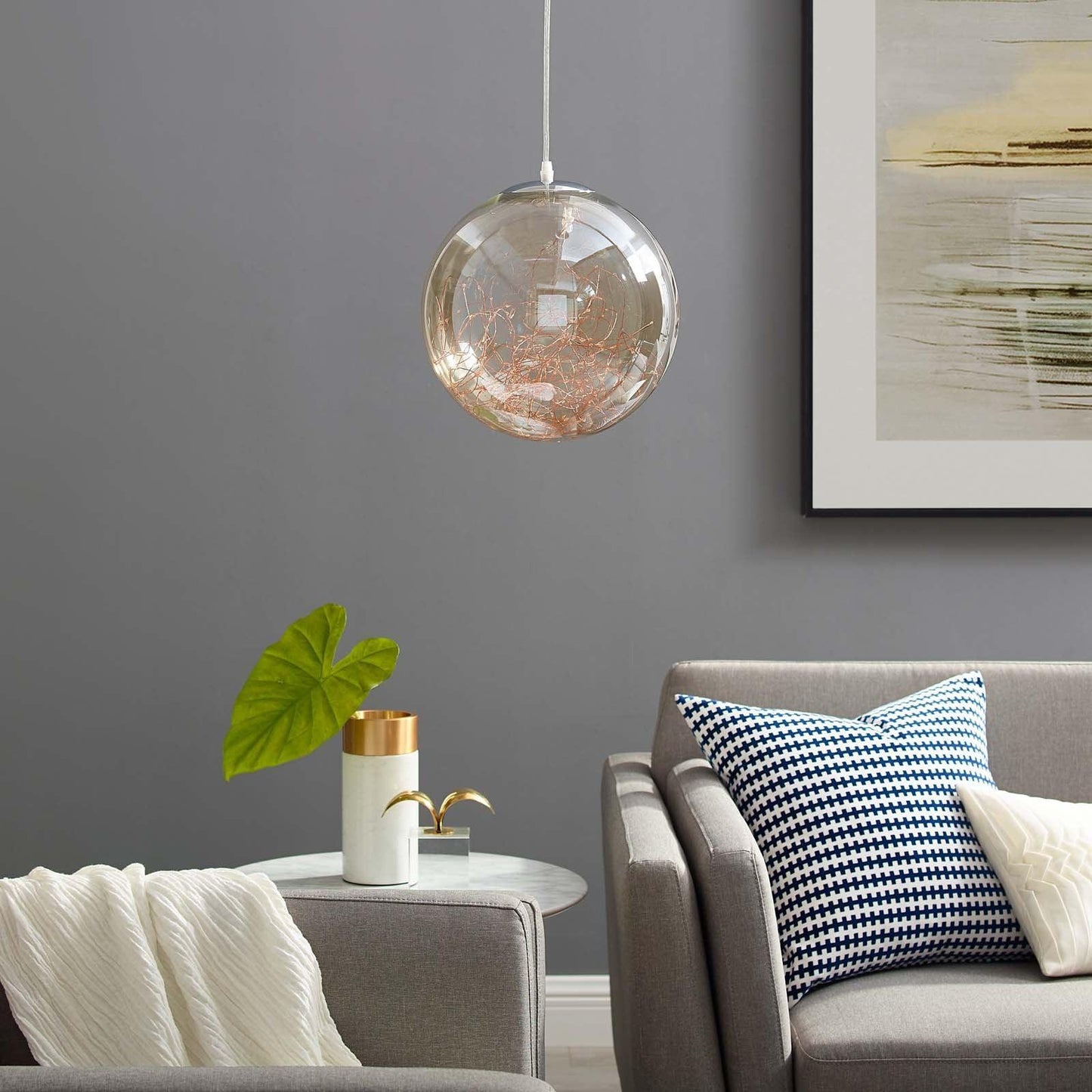 Modway Fairy 8" Amber Glass Globe Ceiling Light Pendant Chandelier FredCo