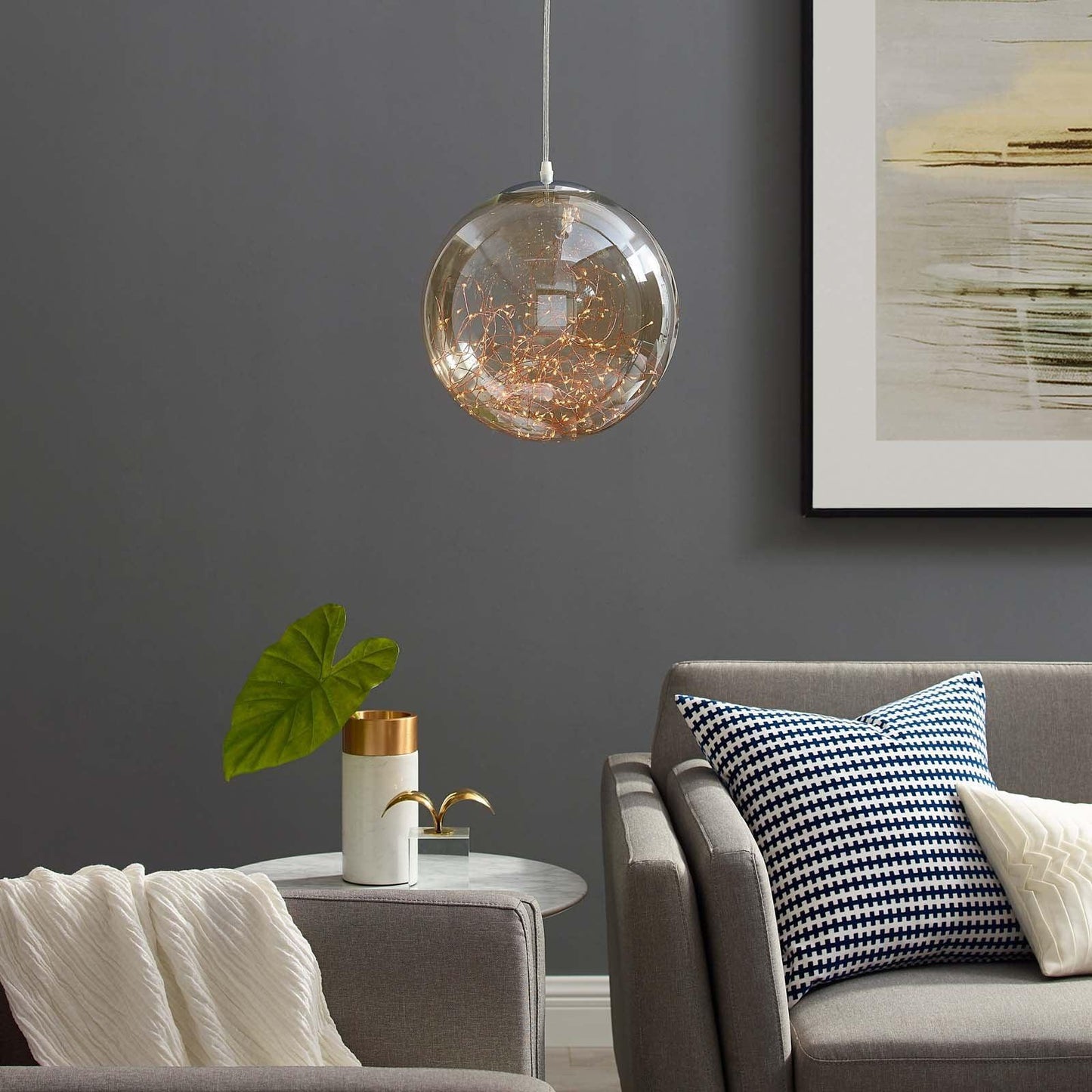 Modway Fairy 8" Amber Glass Globe Ceiling Light Pendant Chandelier FredCo