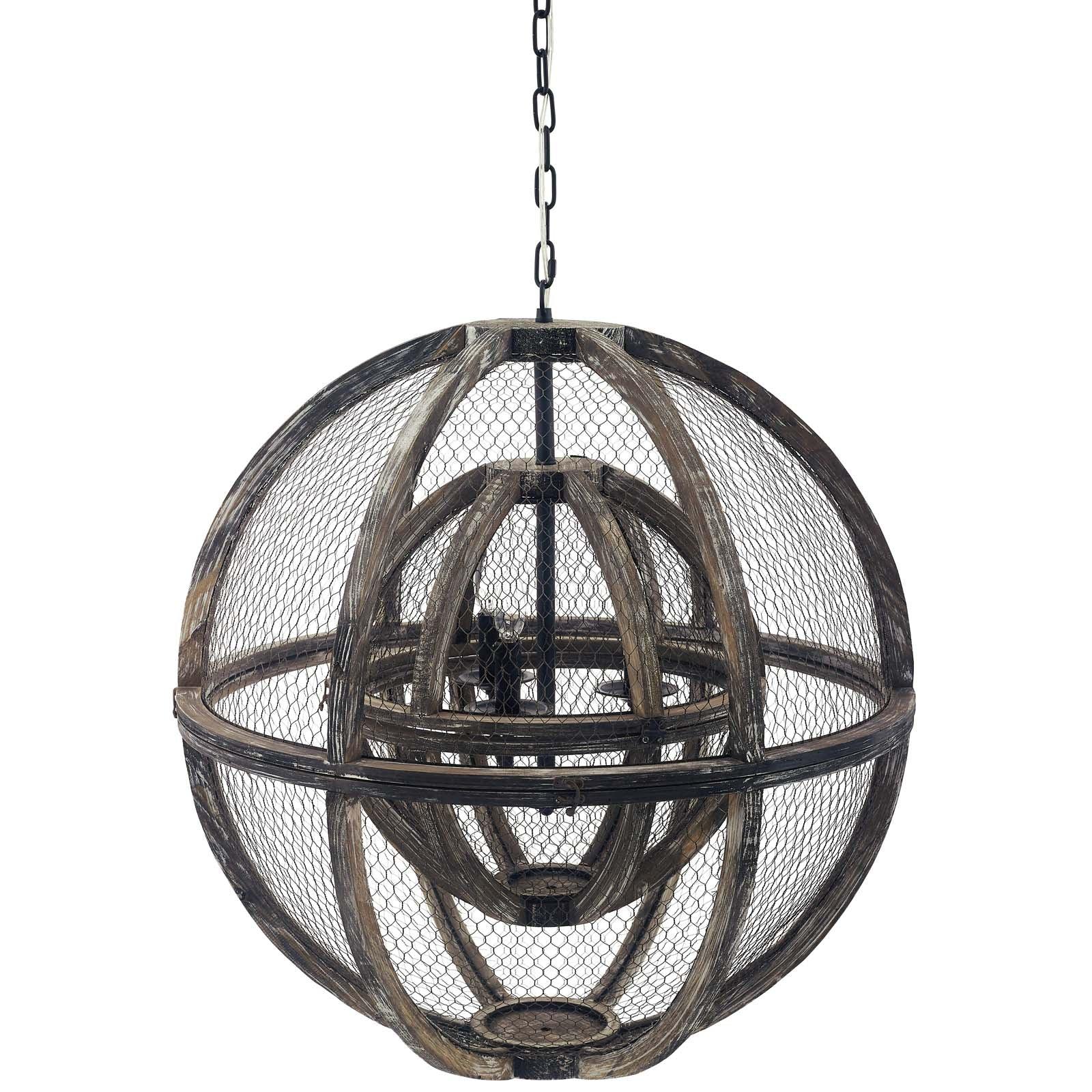 Modway Gravitate Globe Rustic Oak Wood Pendant Light Chandelier FredCo