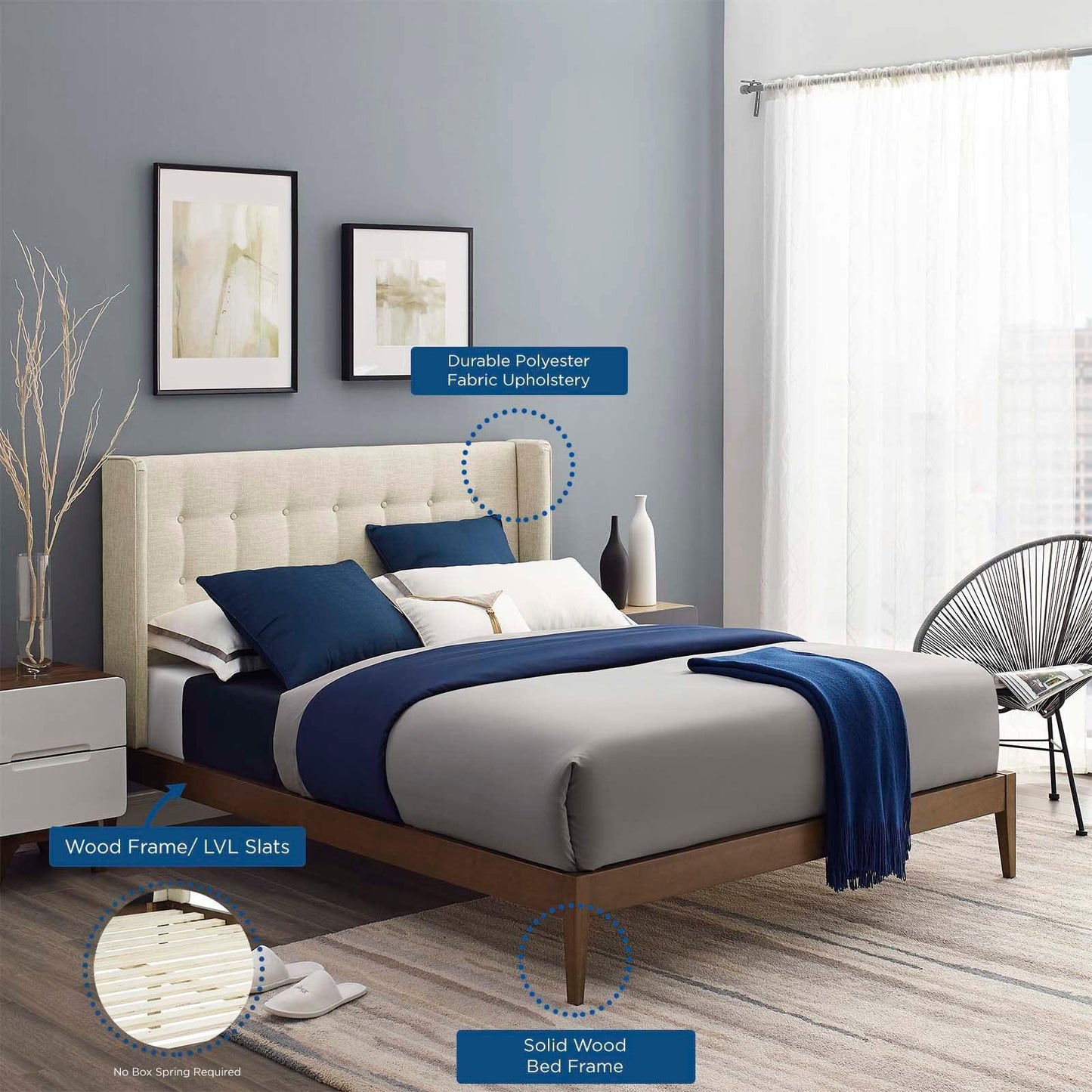 Modway Hadley Queen Wingback Upholstered Polyester Fabric Platform Bed FredCo