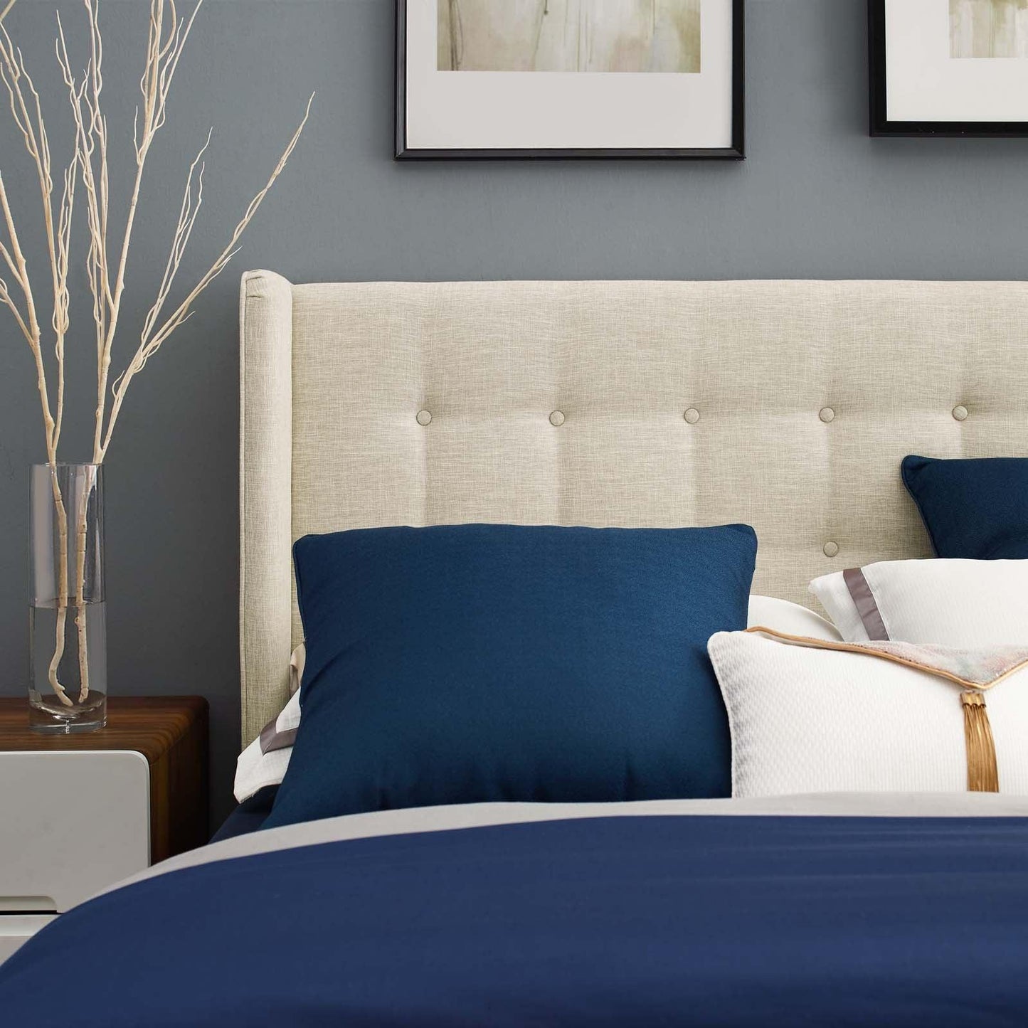 Modway Hadley Queen Wingback Upholstered Polyester Fabric Platform Bed FredCo