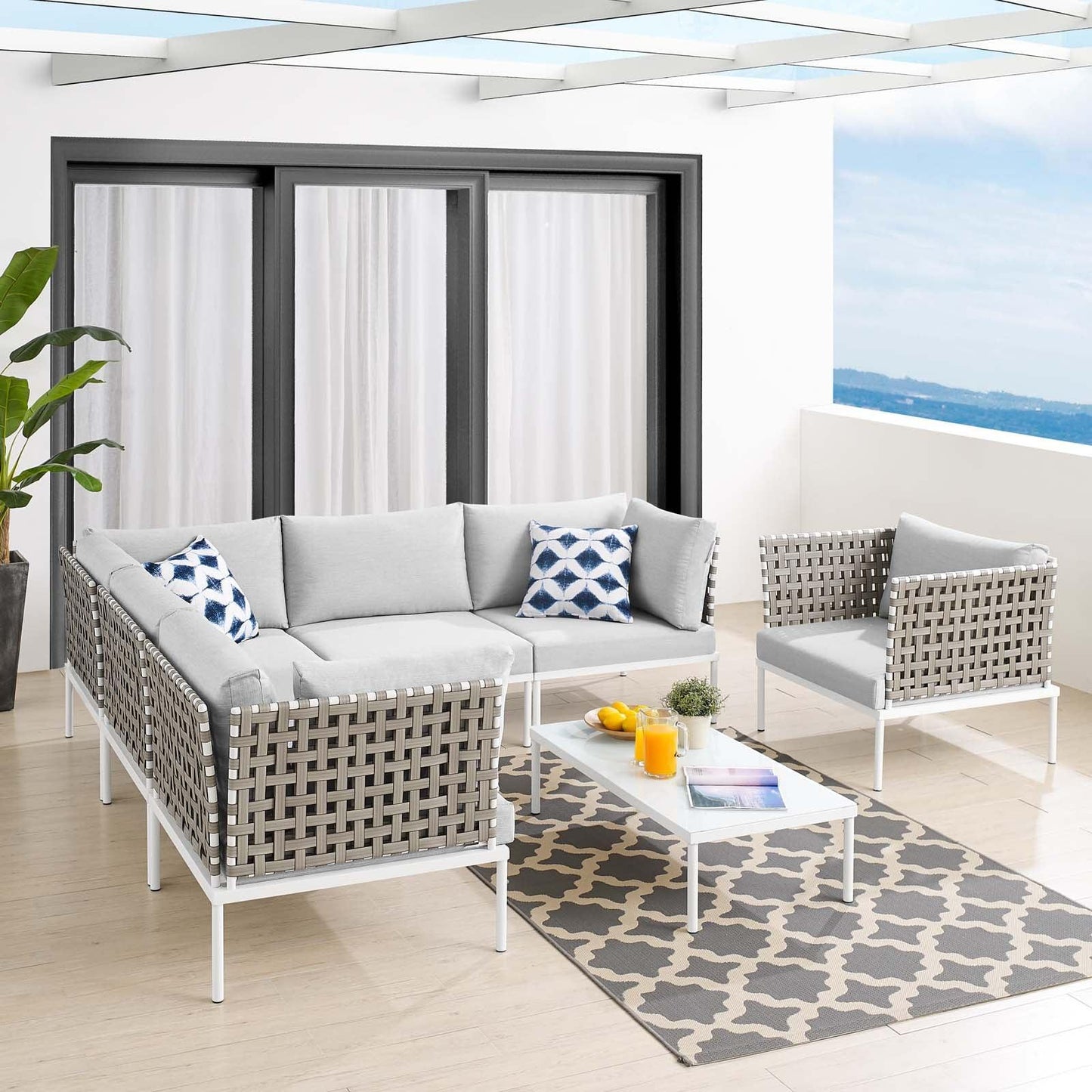 Modway Harmony 7-Piece Sunbrella® Basket Weave Outdoor Patio Aluminum Sectional Sofa Set FredCo