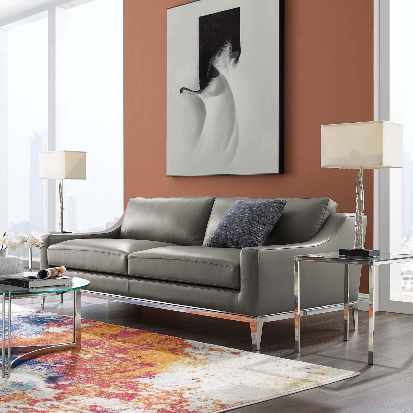 Modway Harness 83.5" Stainless Steel Base Leather Sofa FredCo