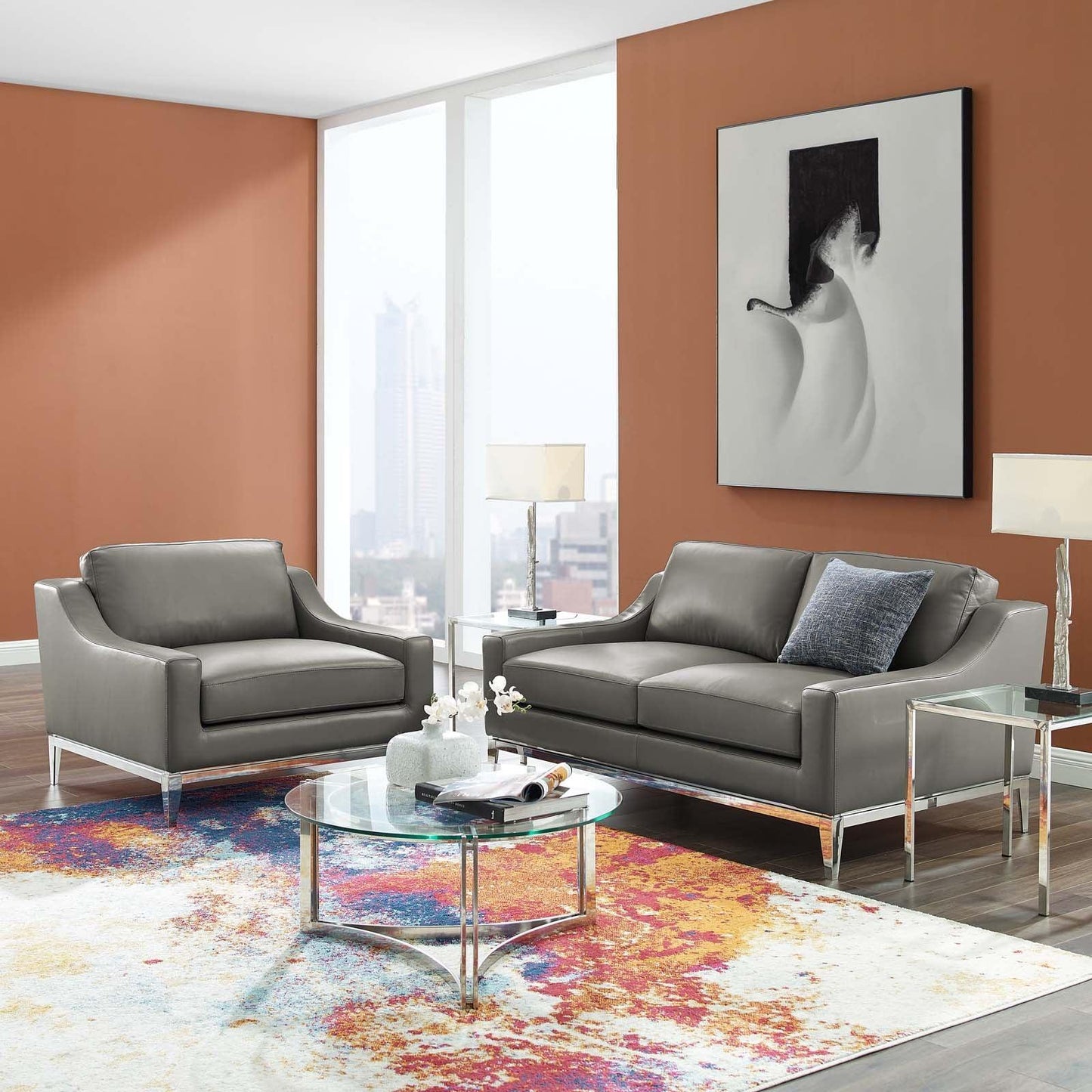 Modway Harness Stainless Steel Base Leather Loveseat & Armchair Set FredCo