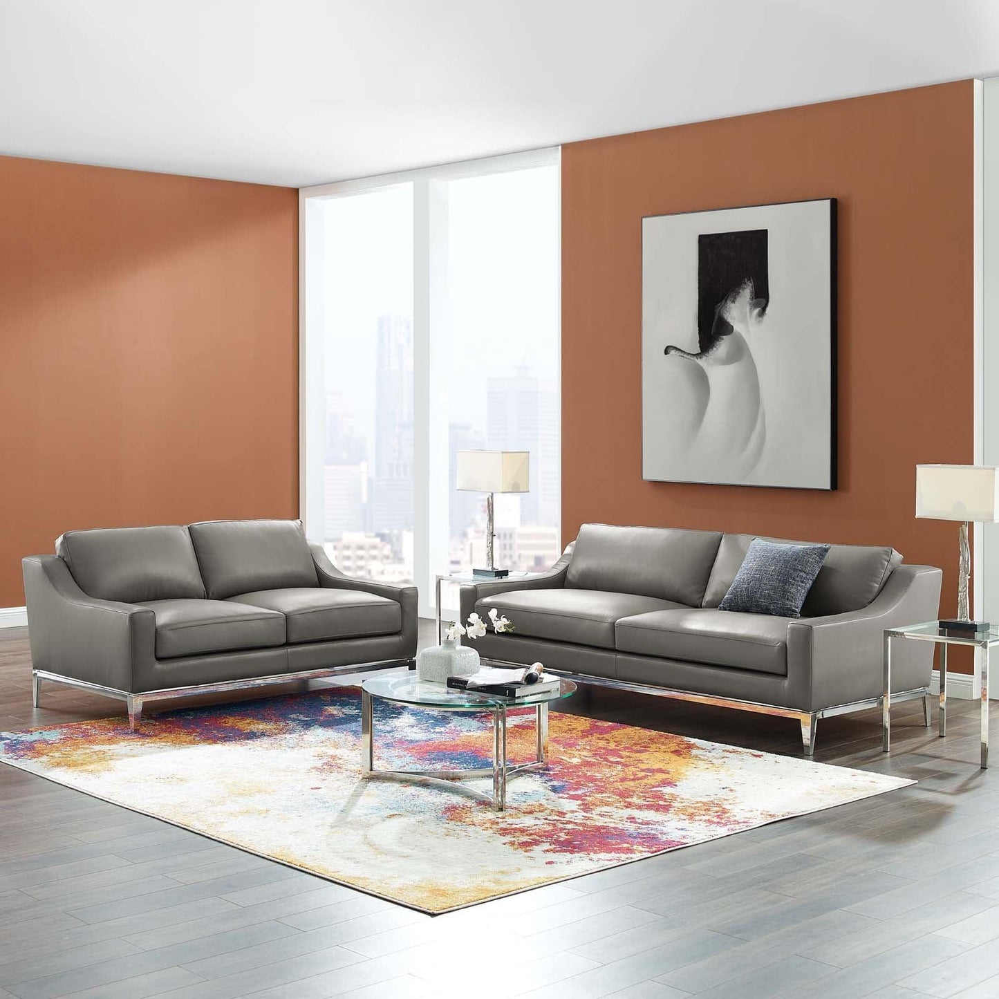 Modway Harness Stainless Steel Base Leather Sofa and Loveseat Set FredCo