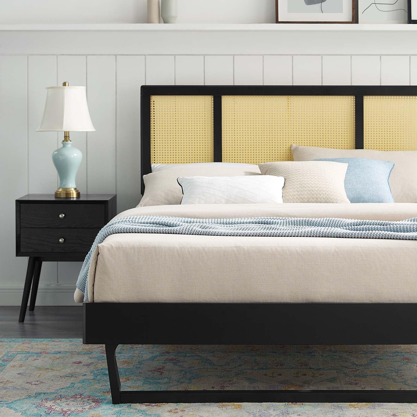 Modway Kelsea Cane and Wood King Platform Bed With Angular Legs FredCo