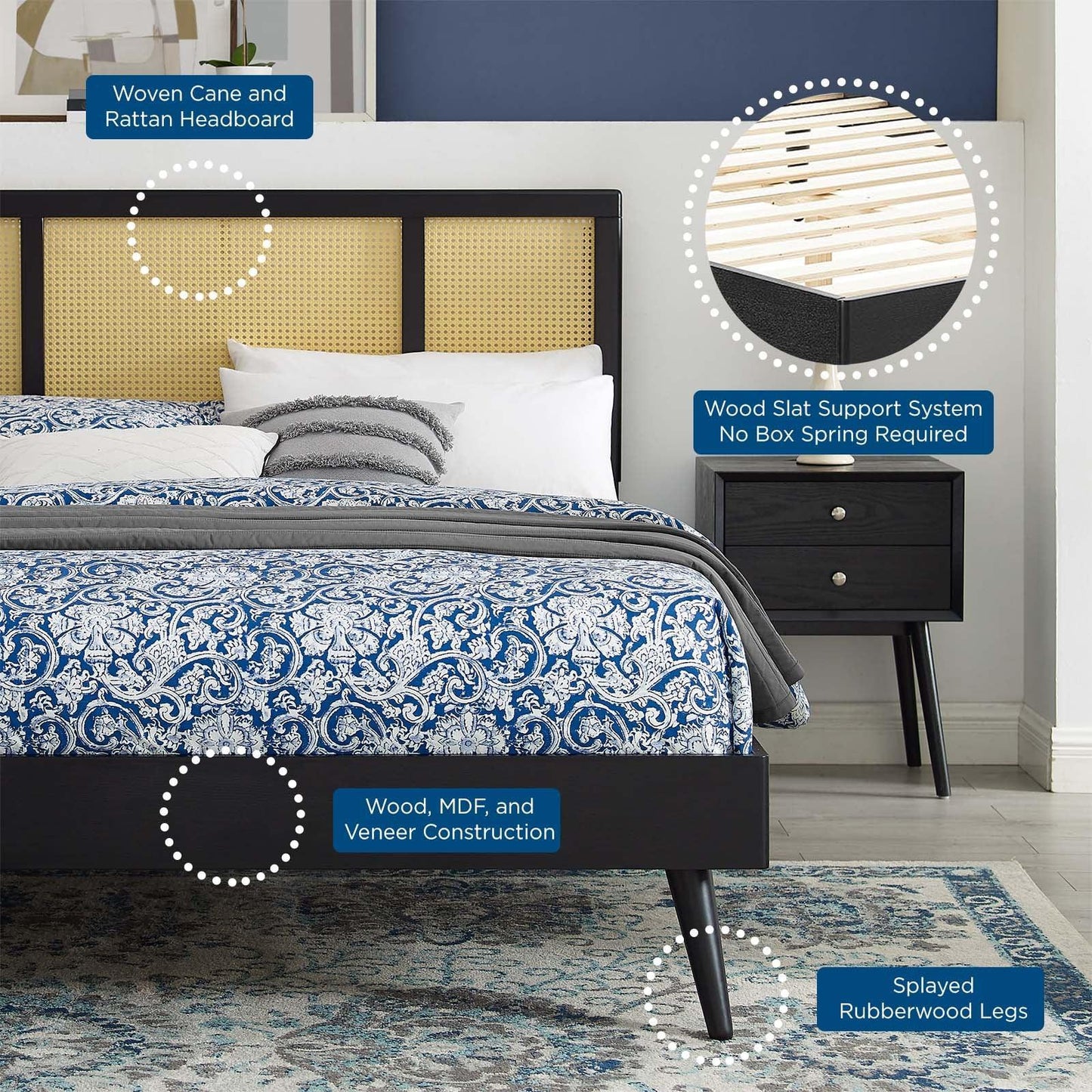 Modway Kelsea Cane and Wood Queen Platform Bed With Splayed Legs FredCo