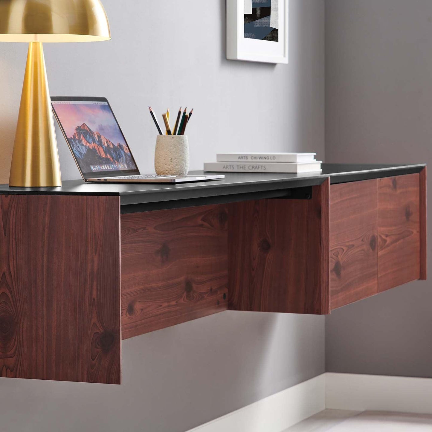 Modway Kinetic 49" Wall-Mount Office Desk With Cabinet and Shelf FredCo