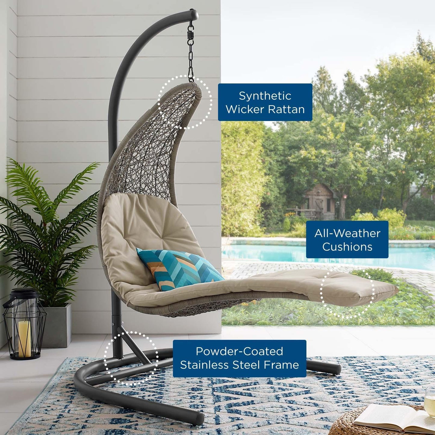 Modway Landscape Hanging Chaise Lounge Outdoor Patio Swing Chair FredCo