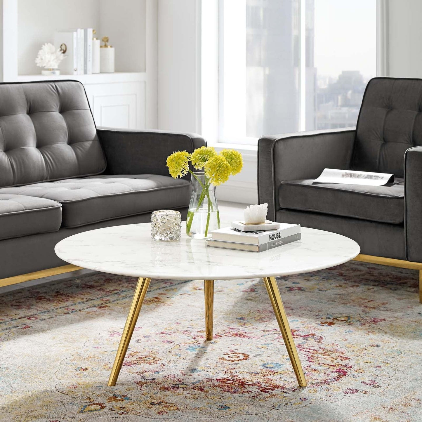 Modway Lippa 36" Round Artificial Marble Coffee Table with Tripod Base, EEI-3665 FredCo