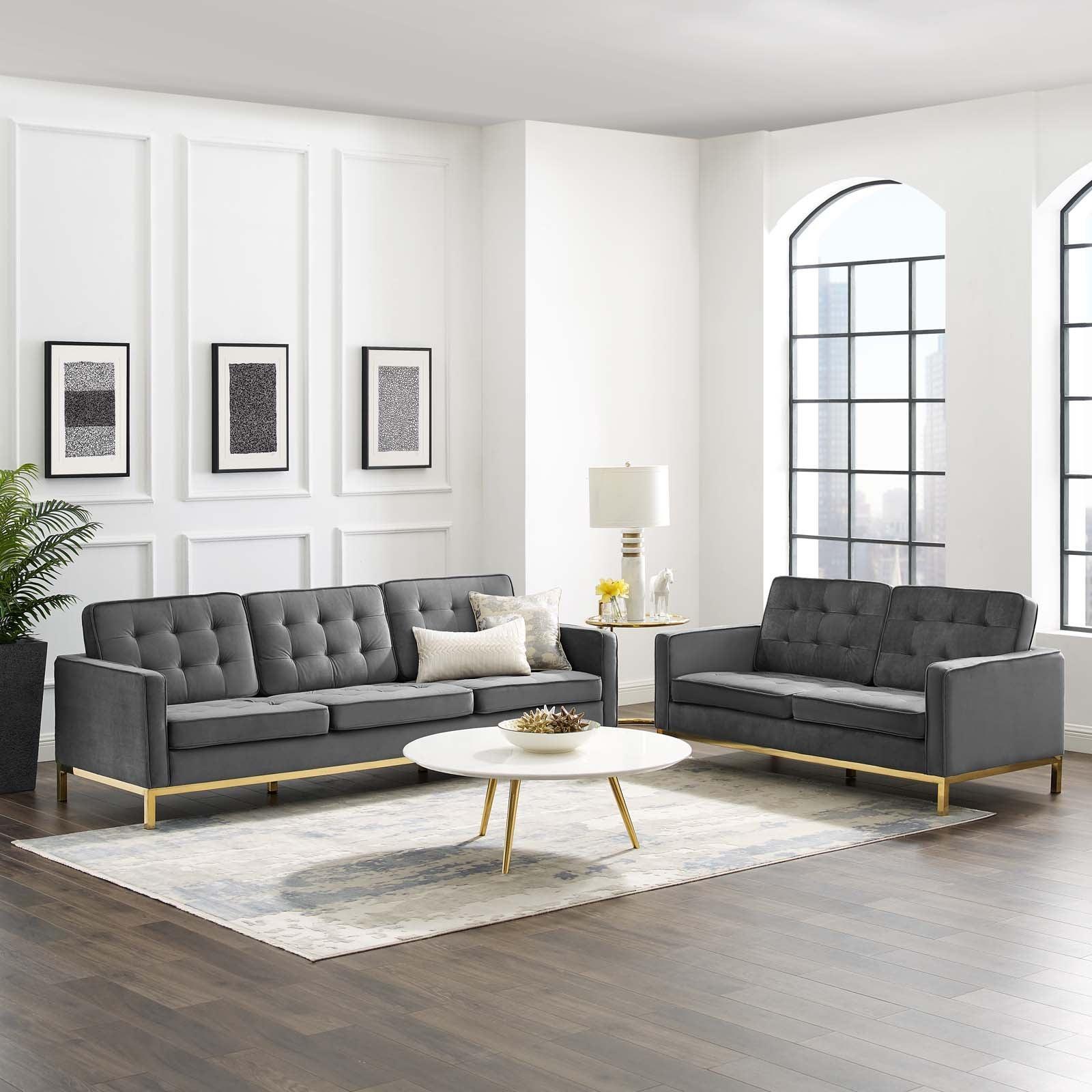 Modway Loft Gold Stainless Steel Leg Performance Velvet Sofa and Loveseat Set FredCo