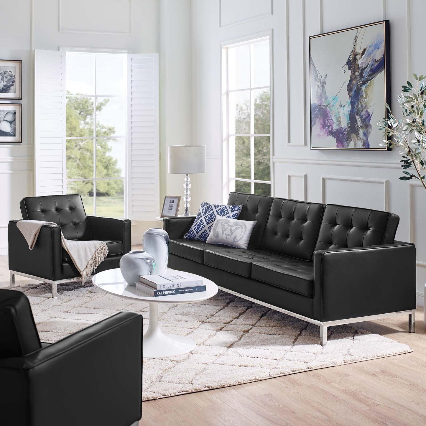 Modway Loft Tufted Upholstered Faux Leather Sofa and Armchair Set FredCo