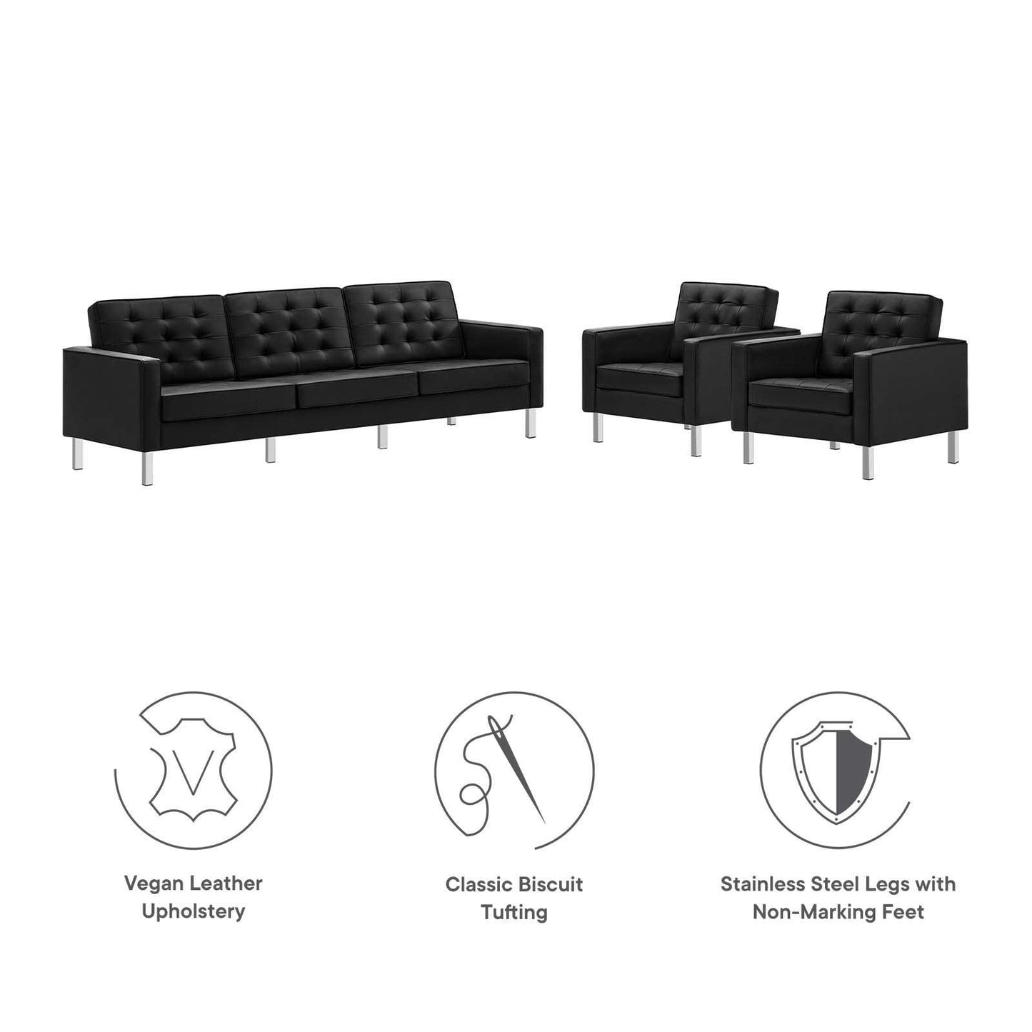 Modway Loft Tufted Vegan Leather 3-Piece Furniture Set FredCo