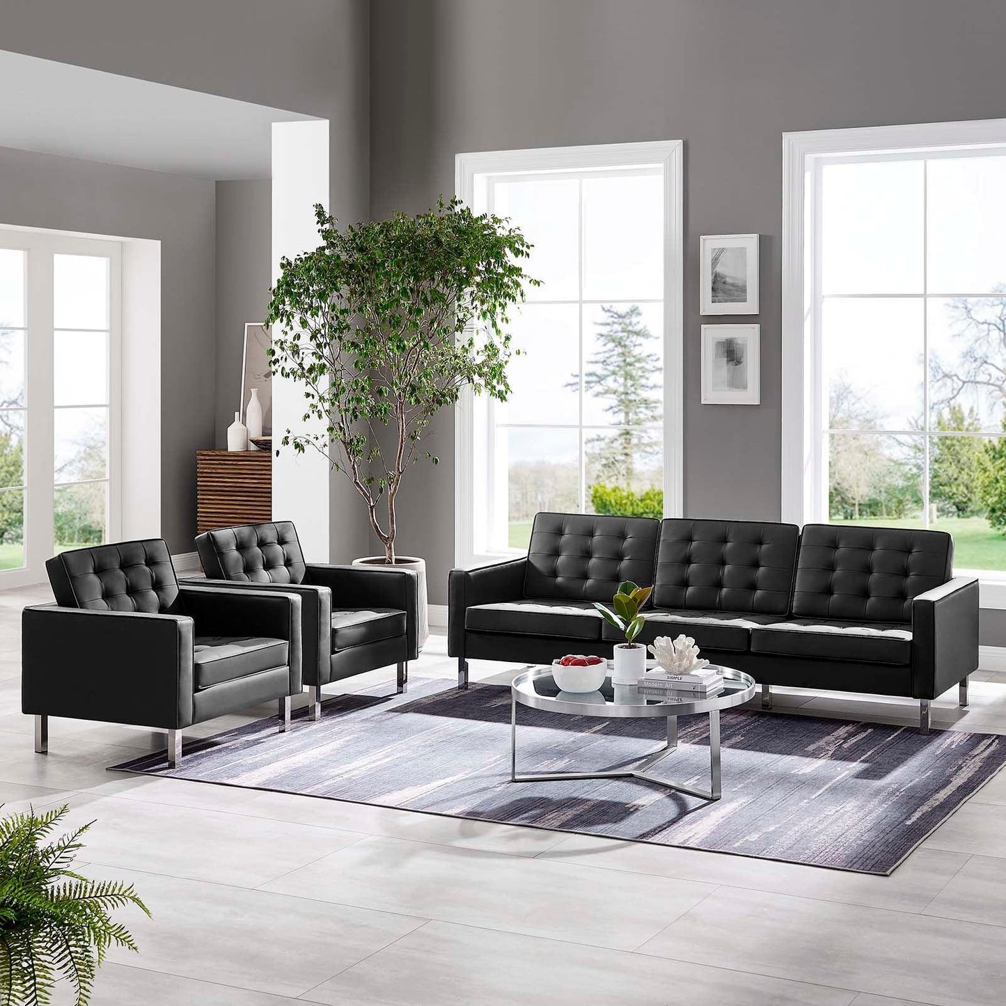 Modway Loft Tufted Vegan Leather 3-Piece Furniture Set FredCo