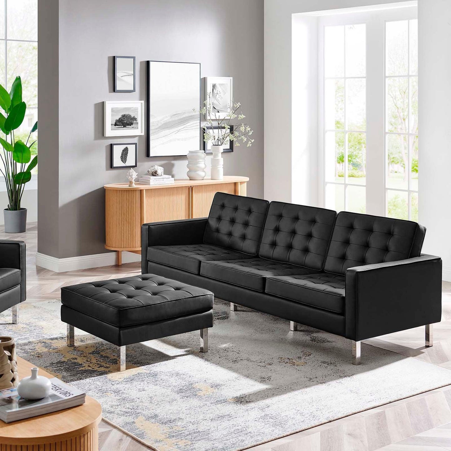 Modway Loft Tufted Vegan Leather Sofa and Ottoman Set FredCo