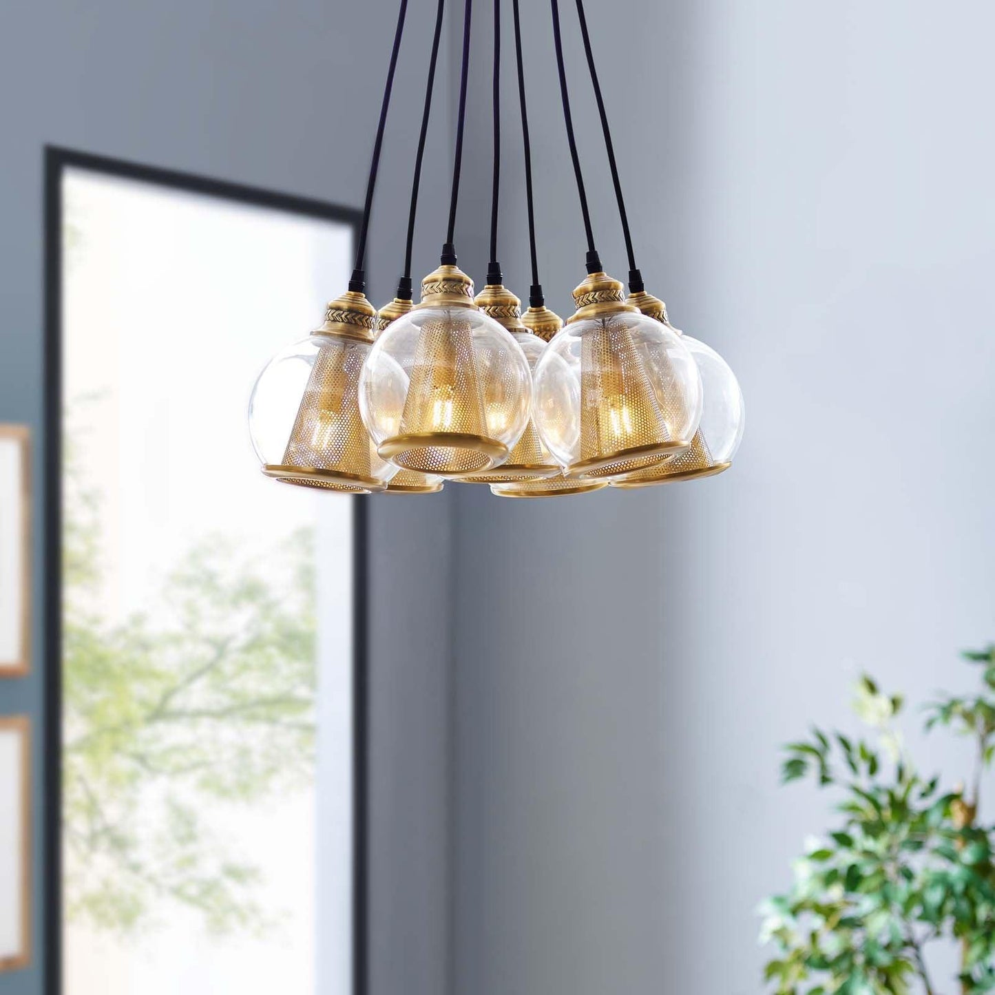 Modway Peak Brass Cone and Glass Globe Cluster Pendant Chandelier FredCo