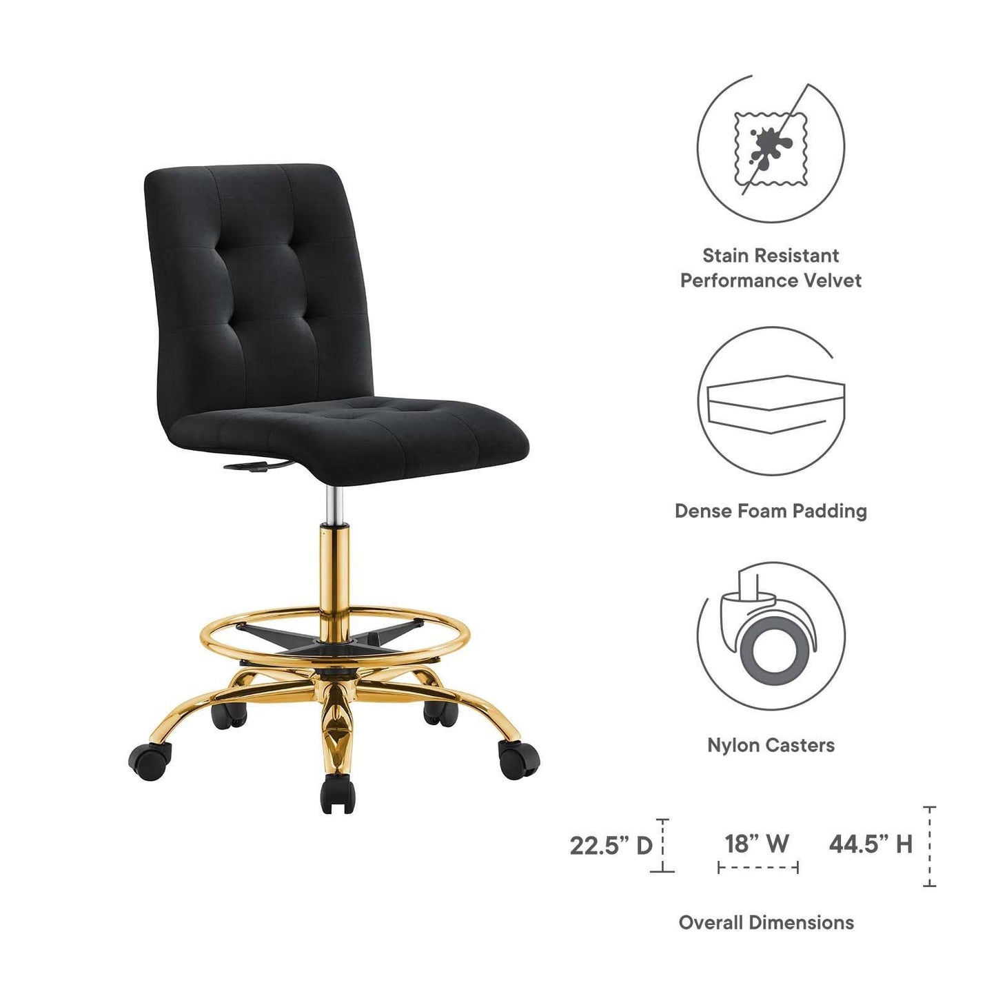 Modway Prim Armless Performance Velvet Drafting Chair FredCo