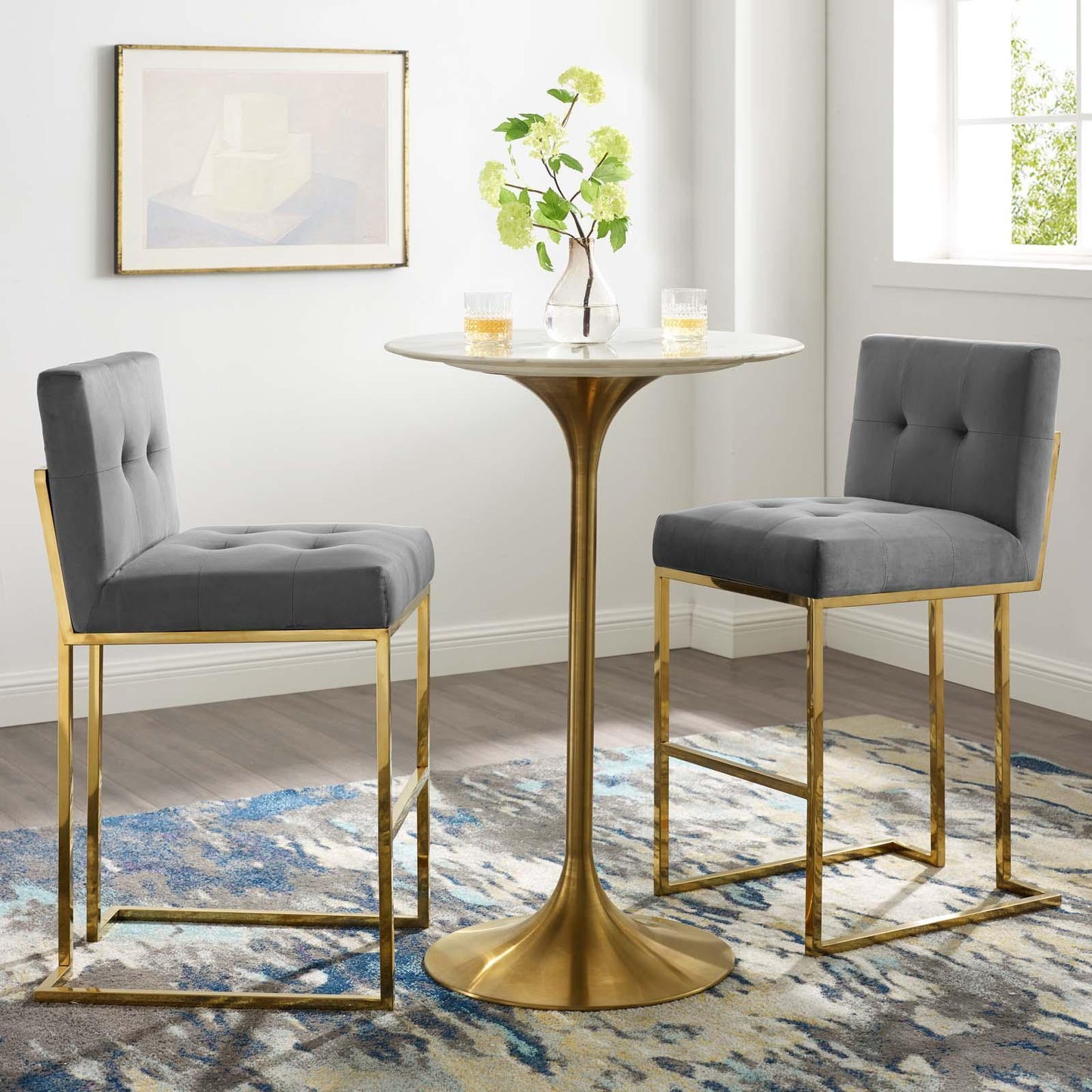 Modway Privy Gold Stainless Steel Performance Velvet Bar Stool Set of 2, EEI-4158 FredCo