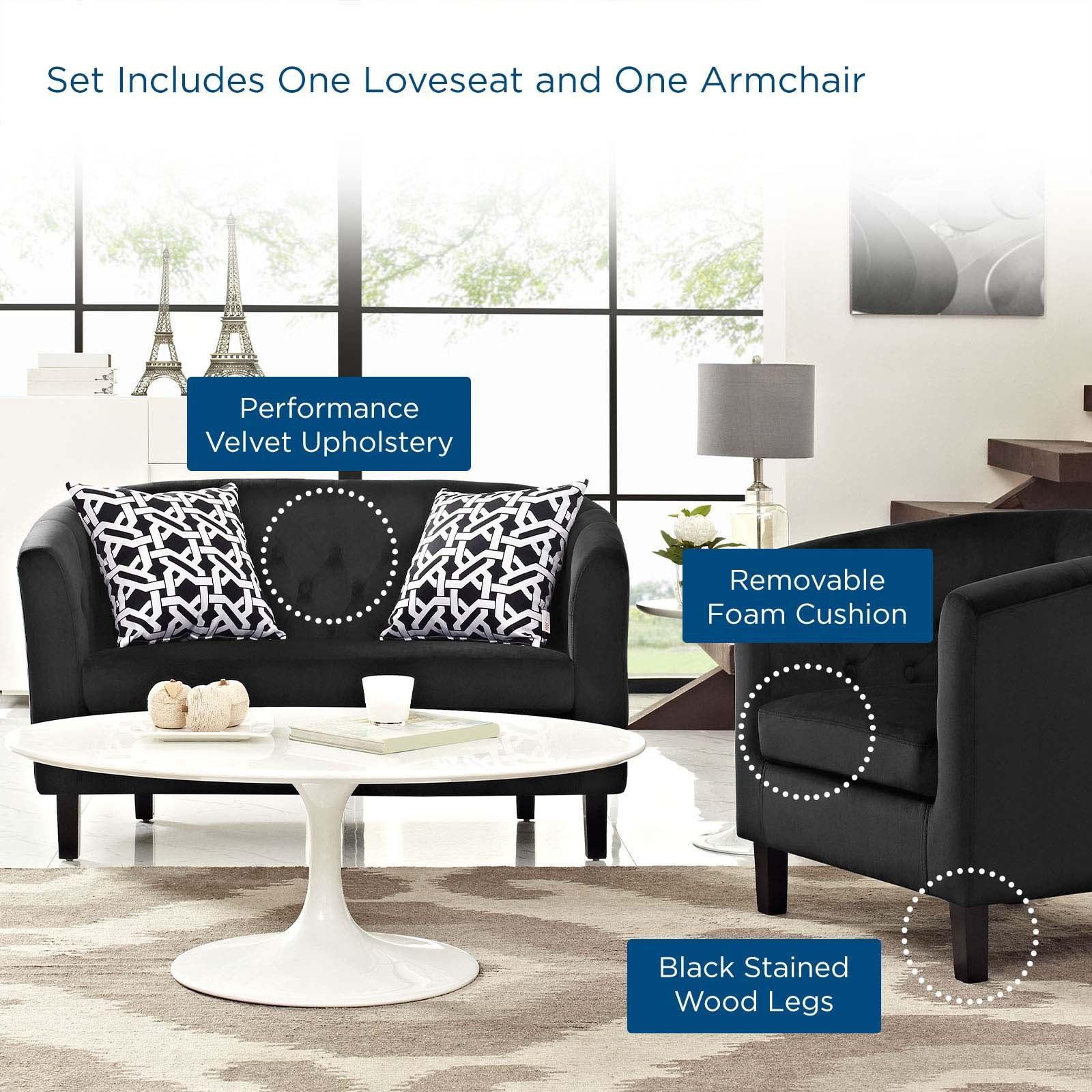 Modway Prospect 2 Piece Performance Velvet Loveseat and Armchair Set FredCo