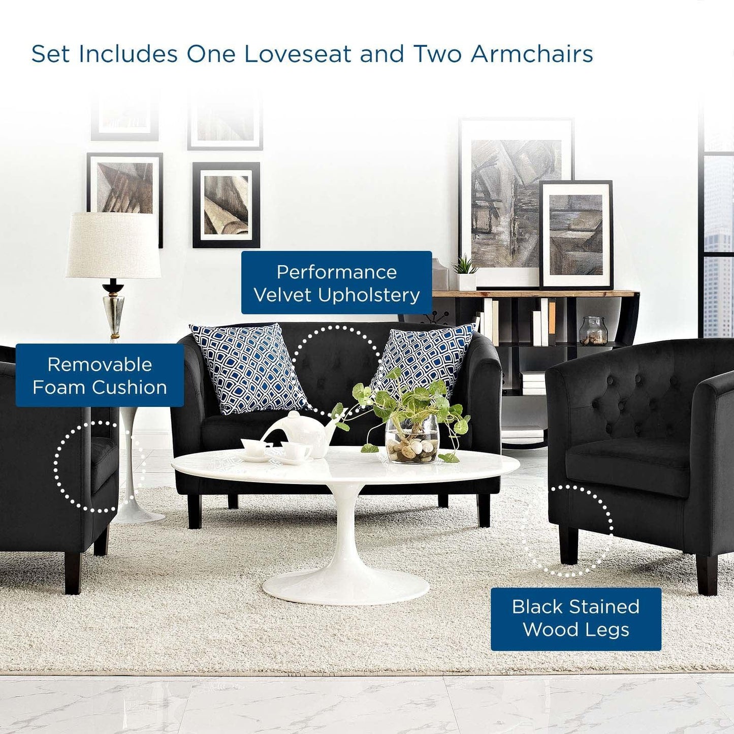 Modway Prospect 3 Piece Performance Velvet Loveseat and Armchair Set FredCo
