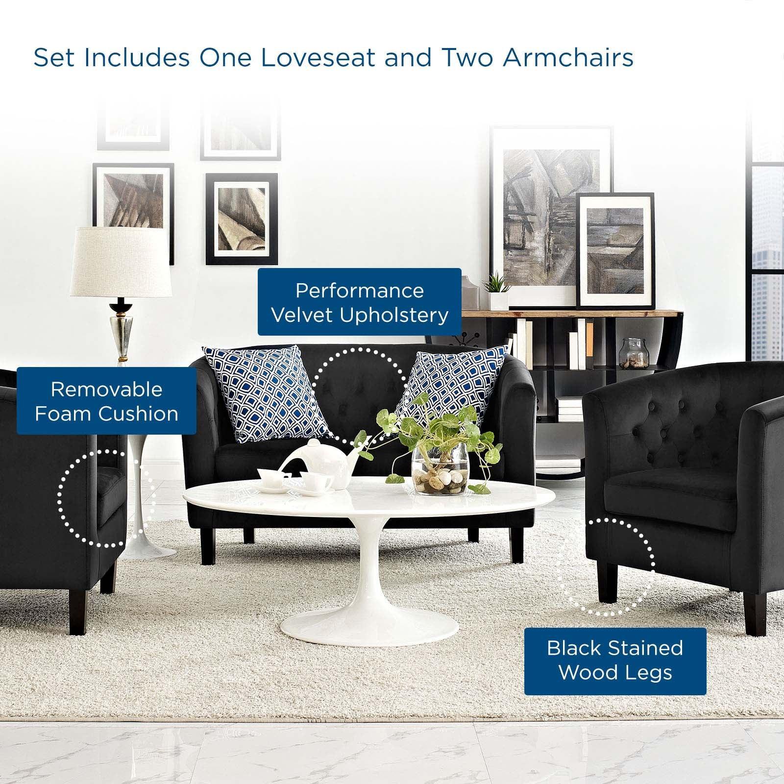 Modway Prospect 3 Piece Performance Velvet Loveseat and Armchair Set FredCo