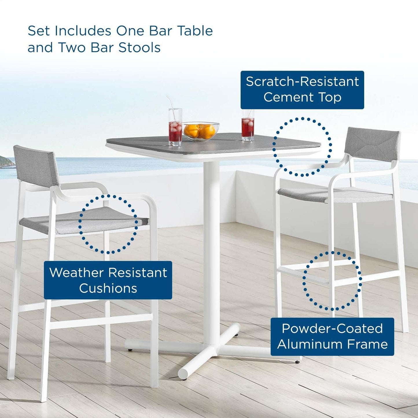 Modway Raleigh 3 Piece Outdoor Patio Aluminum Bar Set FredCo